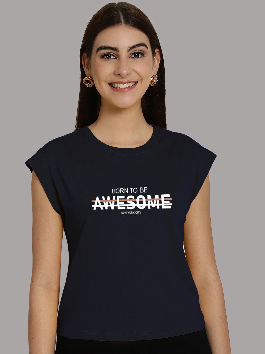 

Friskers Women Typography Printed Cap Sleeves T-shirt, Navy blue