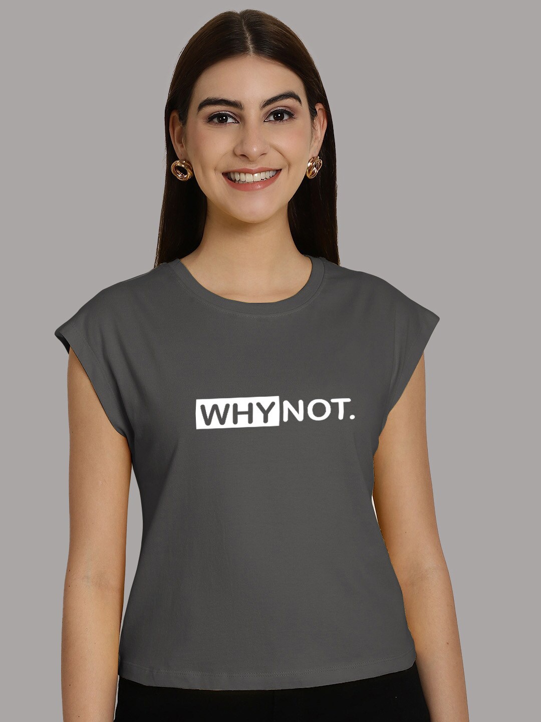 

Friskers Women Typography Printed Cap Sleeves Round Neck T-shirt, Grey