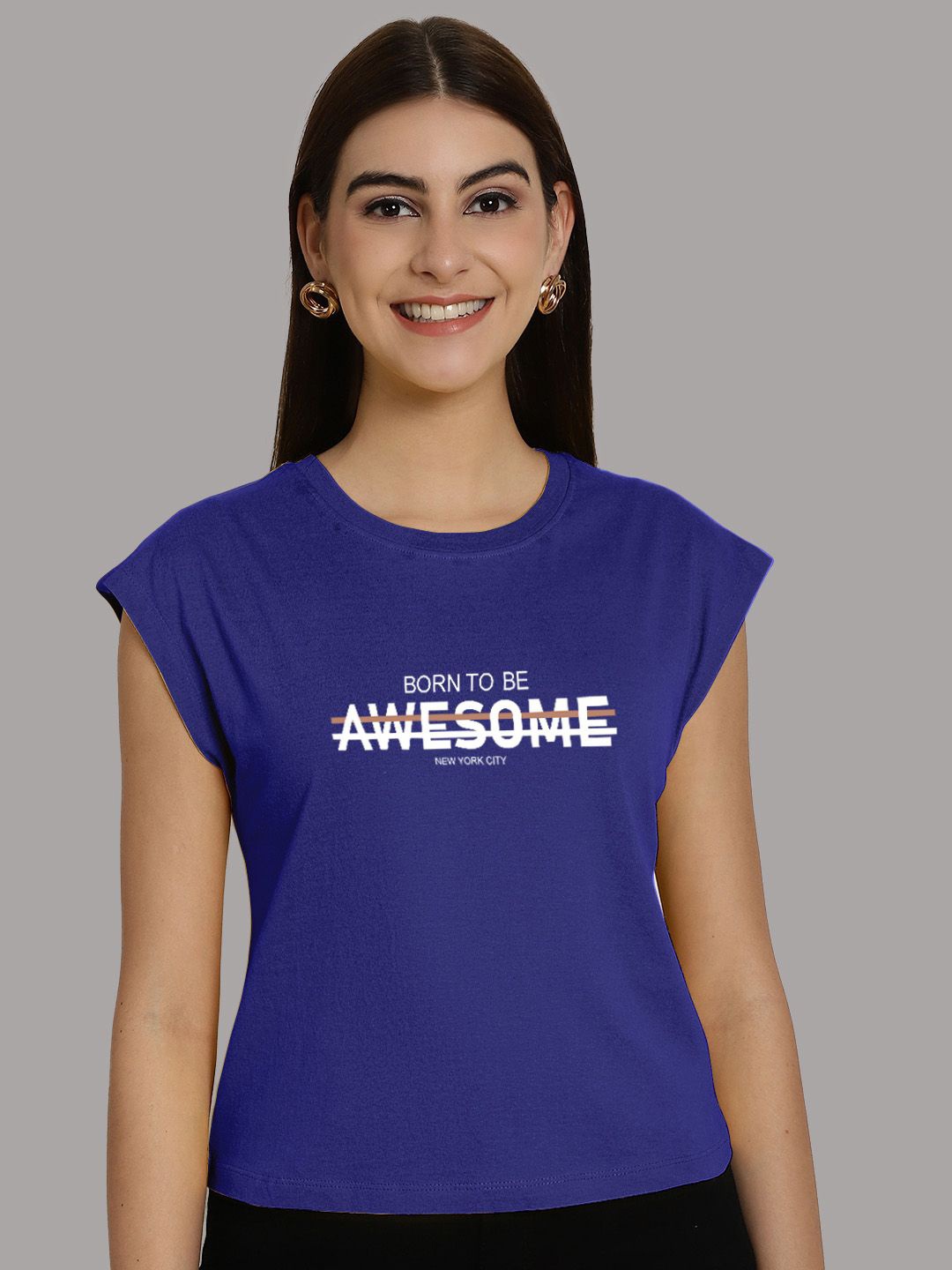 

Friskers Women Typography Printed Cap Sleeves Round Neck T-shirt, Blue