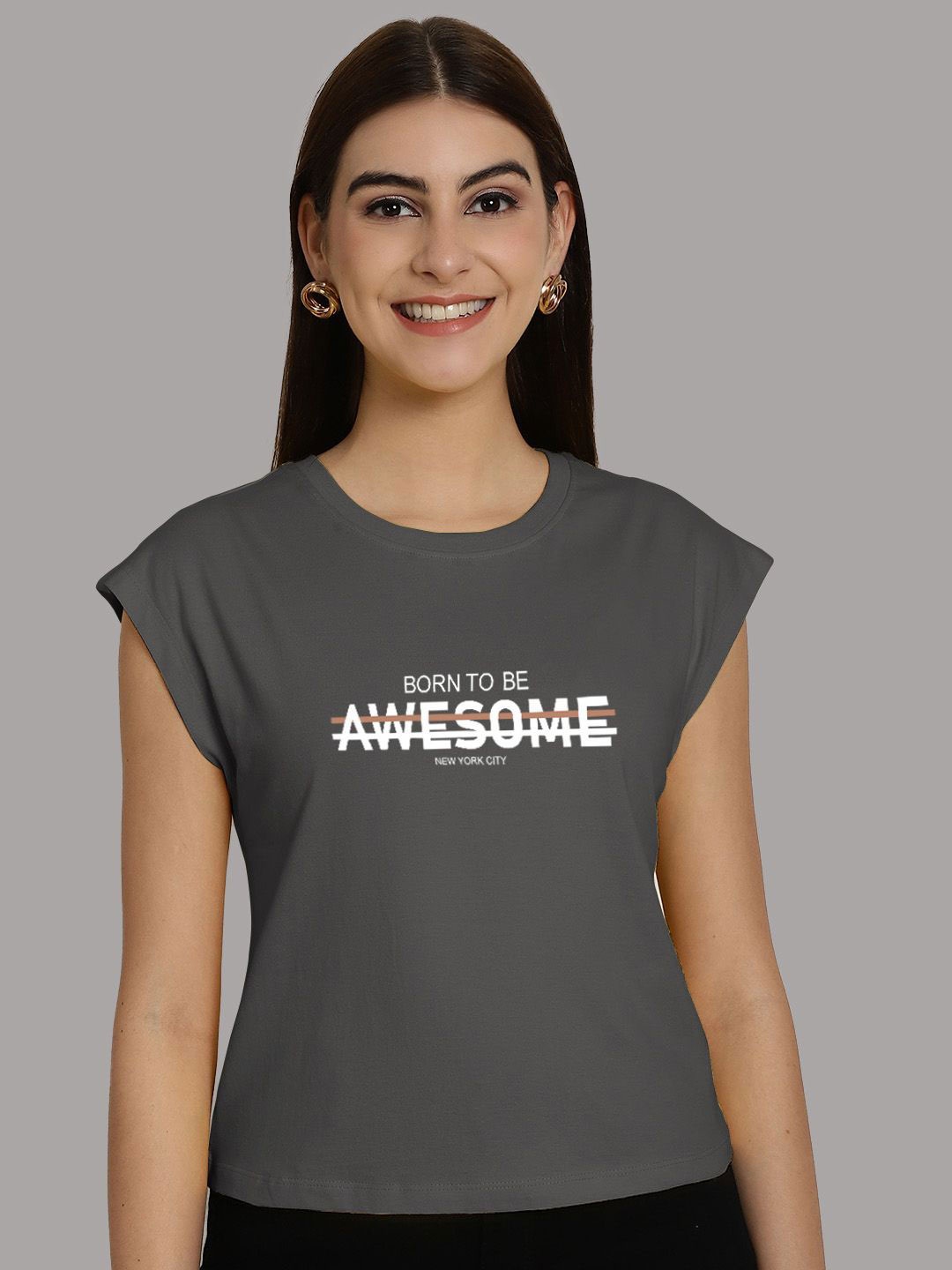 

Friskers Typography Printed Round Neck Extended Sleeves Pure Cotton Tshirt, Grey