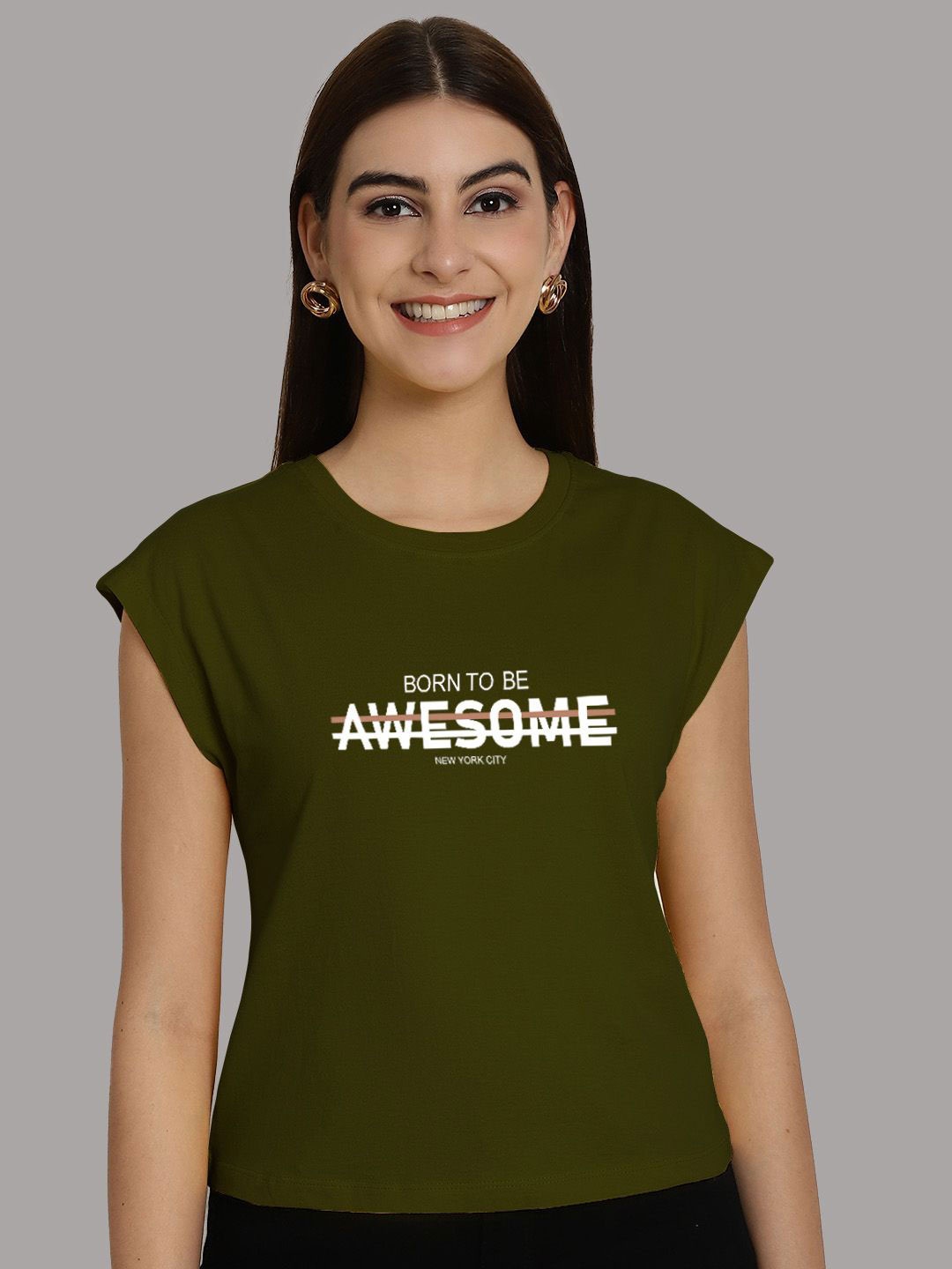 Friskers Typography Printed Round Neck Extended Sleeves Pure Cotton Tshirt, Olive