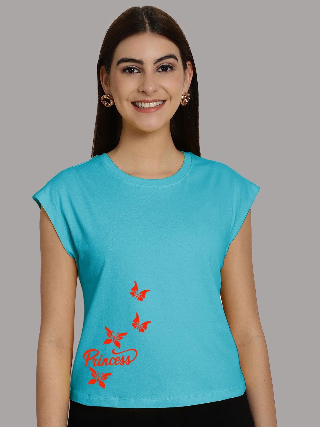

Friskers Graphic Printed Round Neck Extended Sleeves Pure Cotton Tshirt, Turquoise blue
