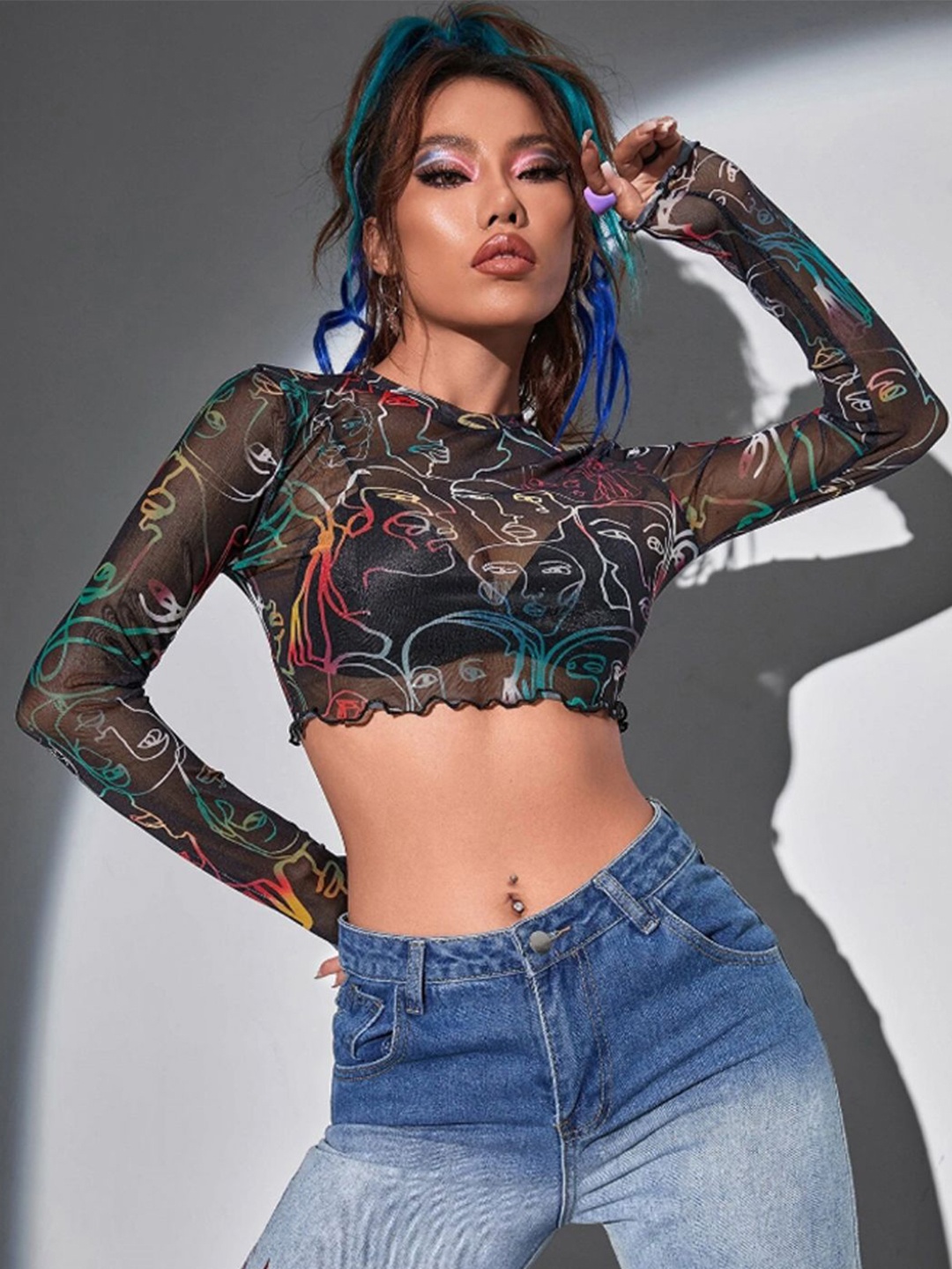 

TANDUL Abstract Printed Round Neck Crop Top, Black