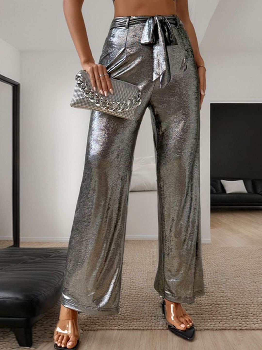 

StyleCast x Revolte Women Grey High-Rise Sheen Parallel Trousers