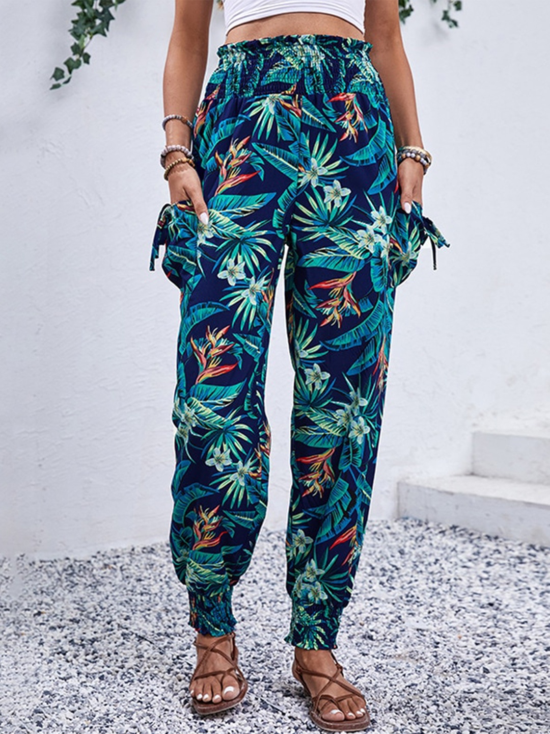 

StyleCast x Revolte Women Floral Printed High-Rise Easy Wash Joggers Trousers, Blue
