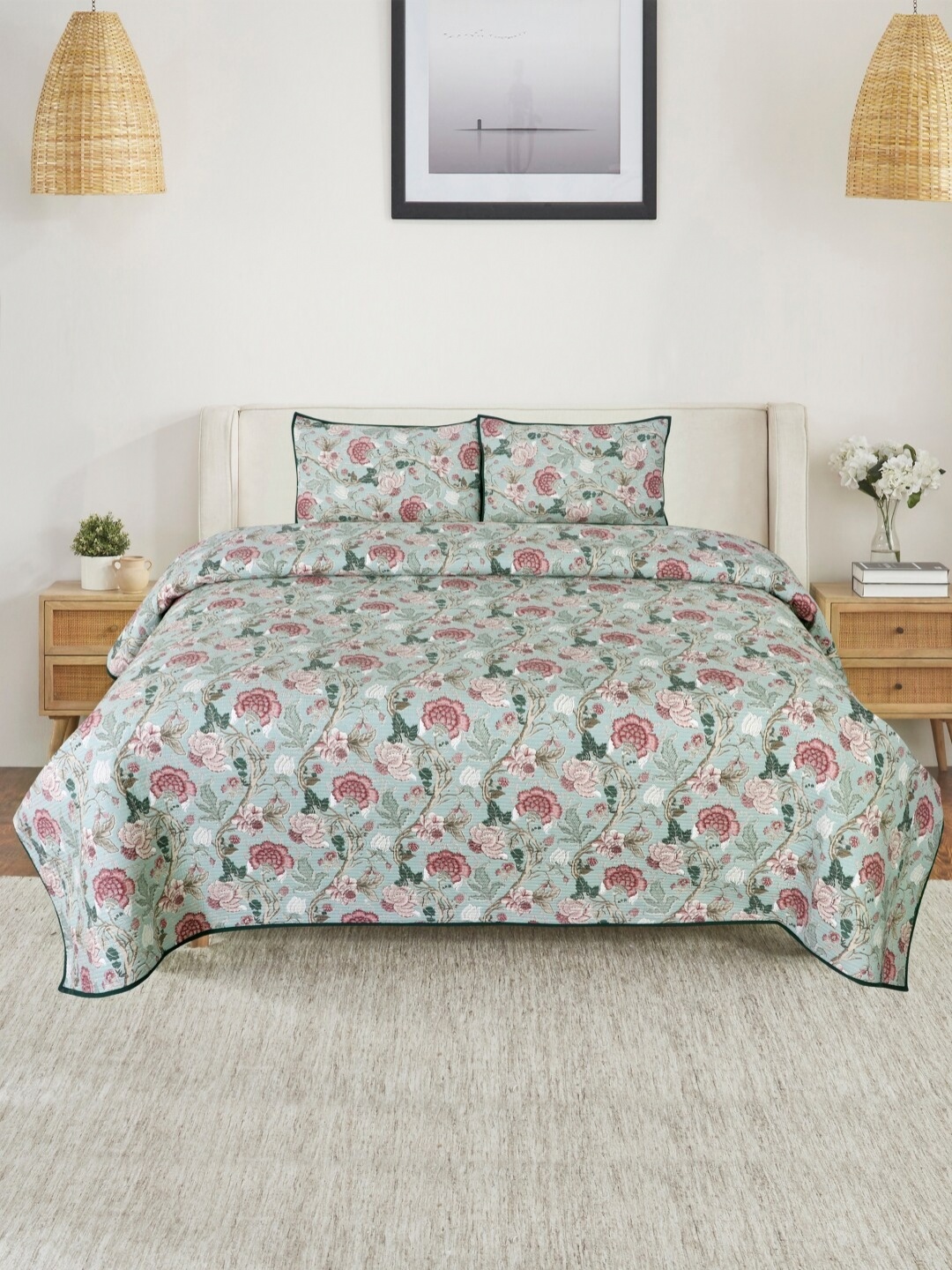 

Soumya Green Printed Cotton Reversible 250-349 TC Quilted Double King Bed Cover Set, Grey