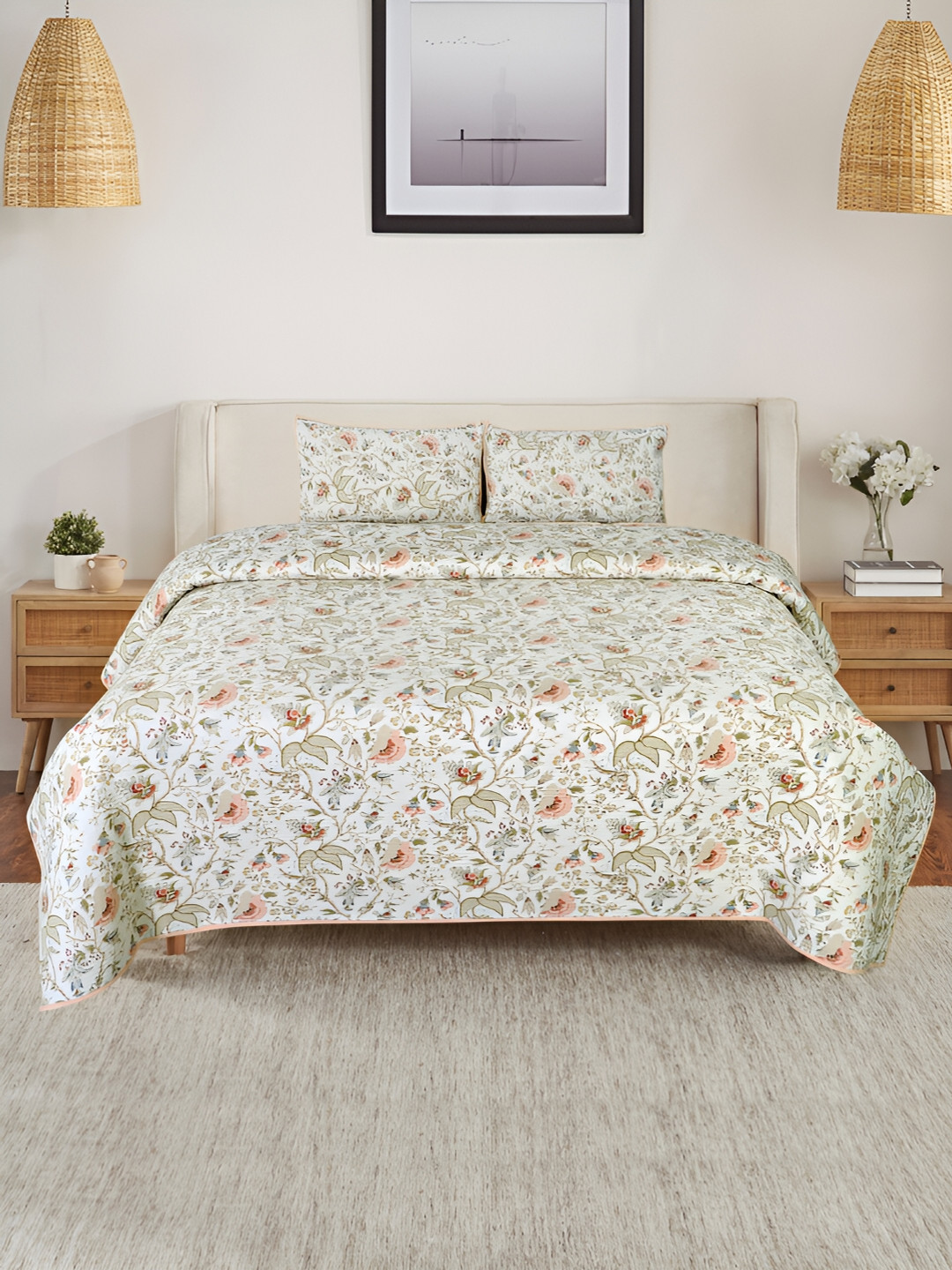 

Soumya White Printed Cotton Reversible 250-349 TC Quilted Double King Bed Cover Set