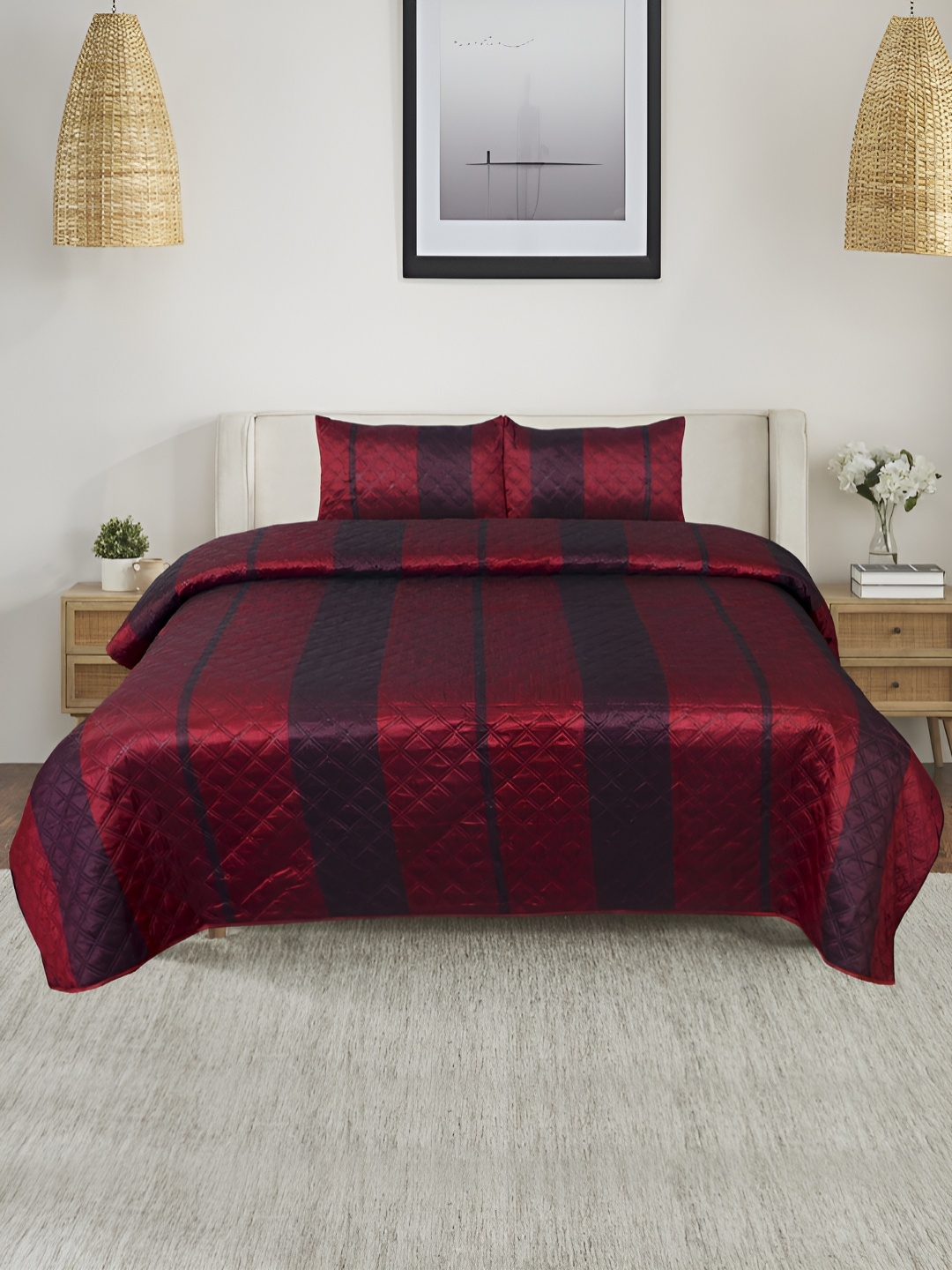 

Soumya Maroon Floral Reversible 180 to 249 TC Quilted Double King Bed Cover Set