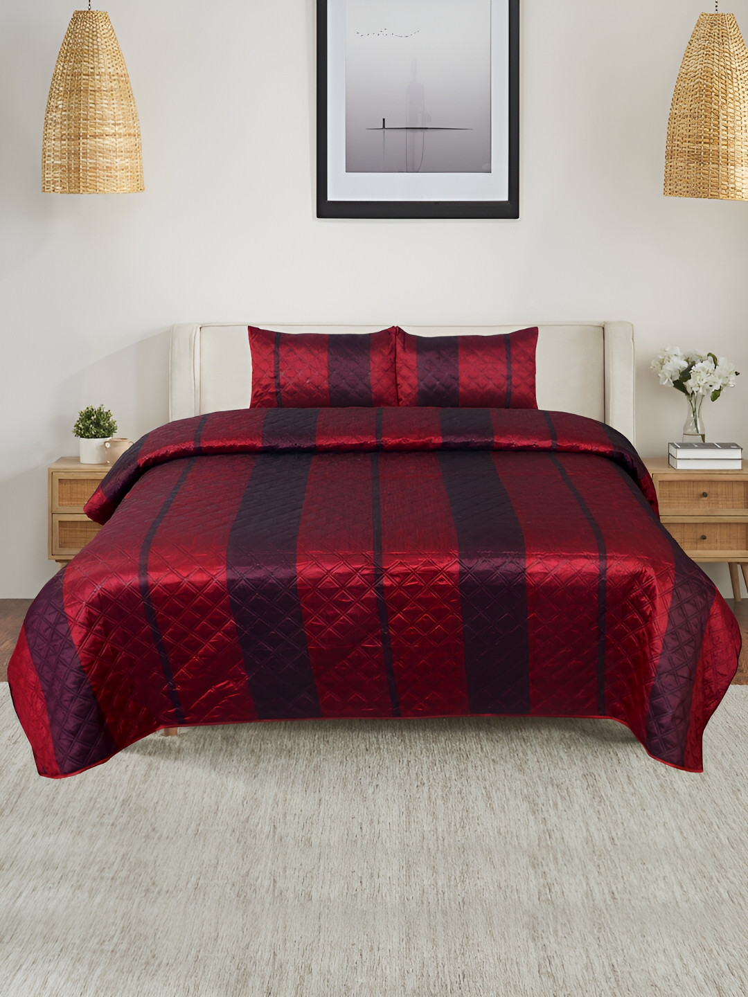 

Soumya Red Floral Cotton Reversible 250-349 TC Quilted Double King Bed Cover Set