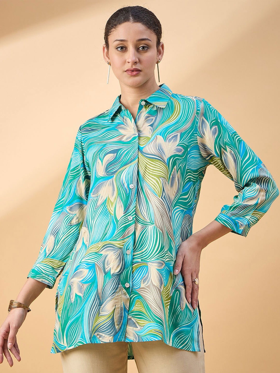 

all about you Tropical Print Cuffed Sleeves Longline Shirt Style Top, Blue