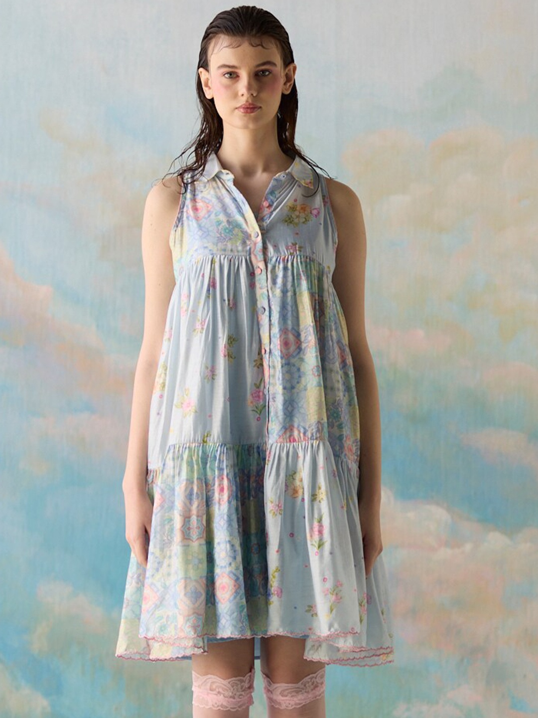 

Gyaarah Baees Floral Printed Sleeveless Gathered or Pleated Shirt Collar A-Line Dress, Blue