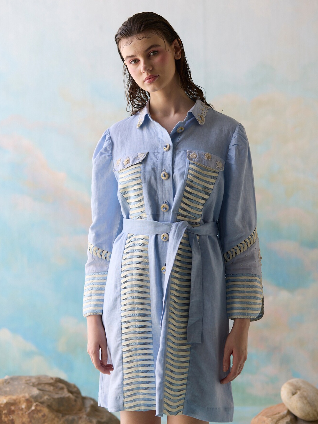 

Gyaarah Baees Striped Shirt Gathered or Pleated Dress, Blue