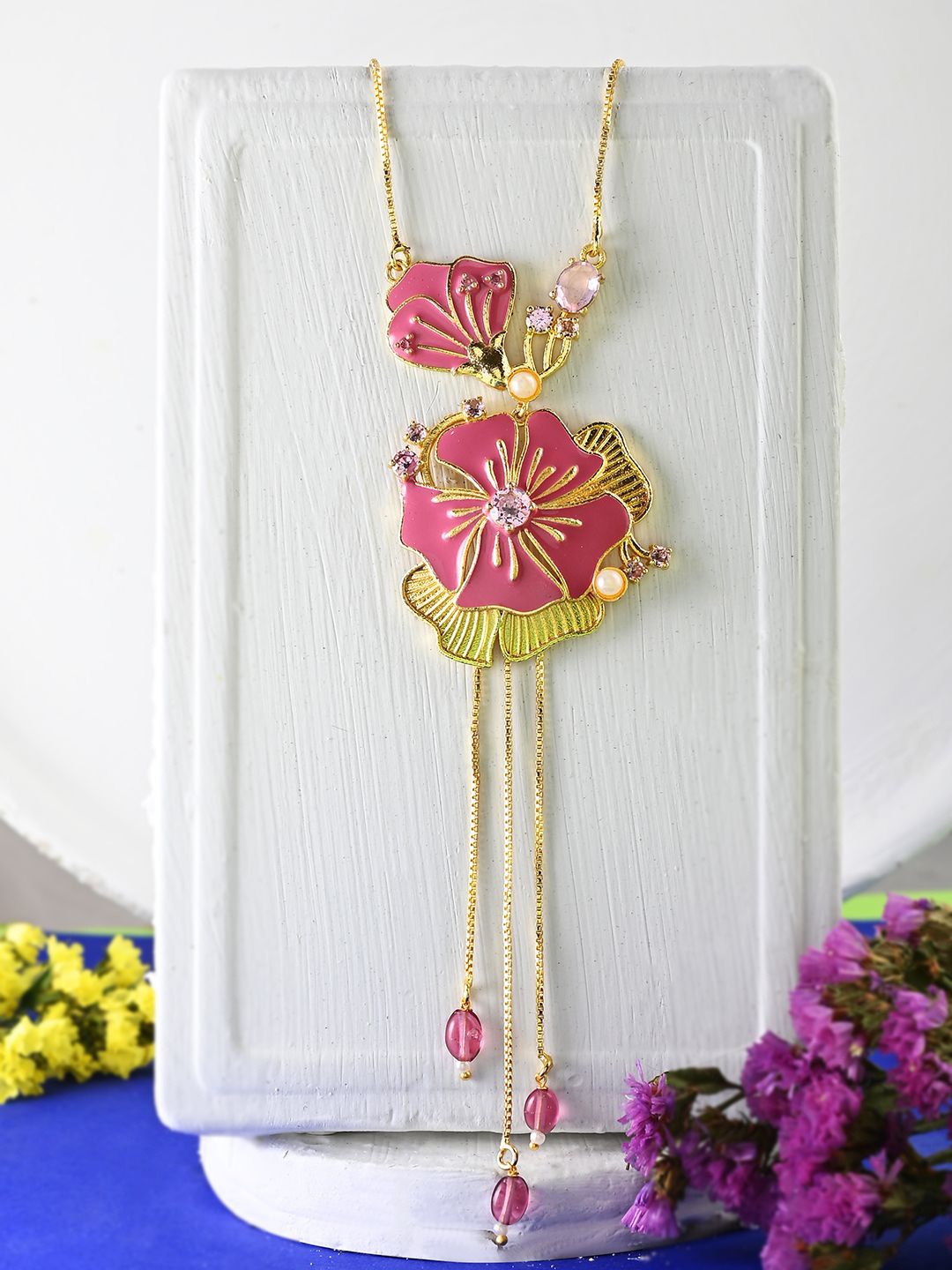 

Voylla Cubic Zirconia Gold-Plated Enamelled Necklace, Pink