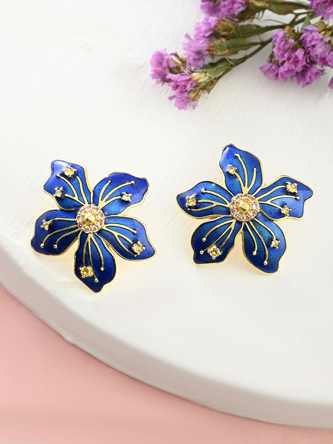 

Voylla Cubic Zirconia Gold-Plated Floral Studs Earrings, Yellow