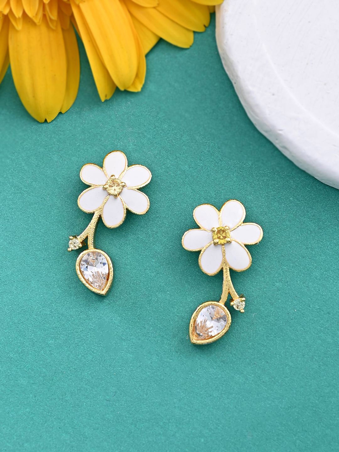 

Voylla Gold-Plated Cubic Zirconia Floral Drop Earrings, White
