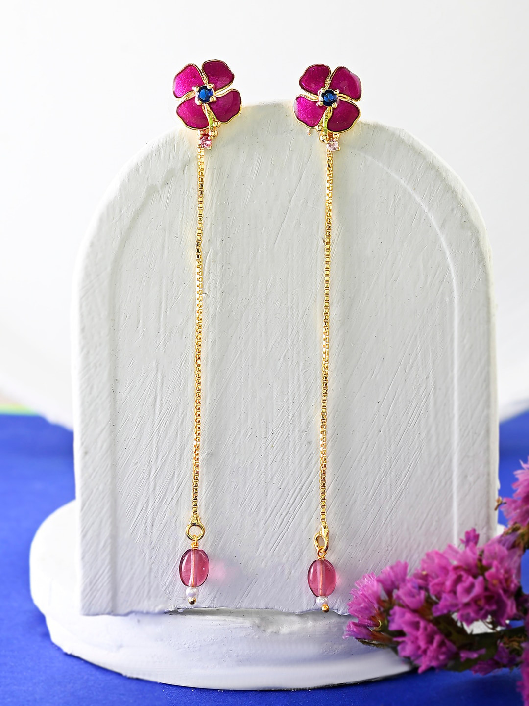 

Voylla Cubic Zirconia Gold-Plated Floral Drop Earrings, Blue