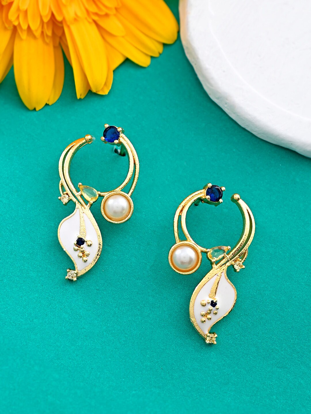 

Voylla Cubic Zirconia Gold-Plated Floral Drop Earrings, Blue