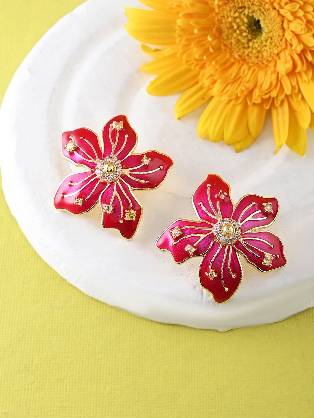 

Voylla Cubic Zirconia Gold-Plated Floral Studs Earrings, Yellow