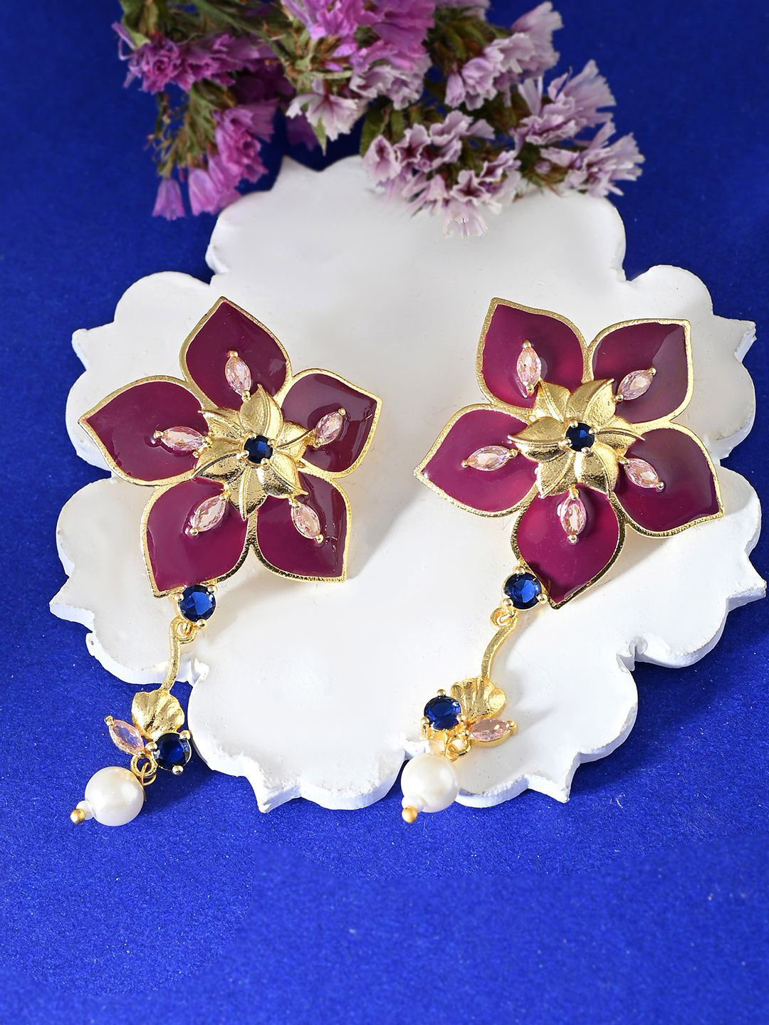 

Voylla Gold-Plated Cubic Zirconia Floral Drop Earrings, Pink