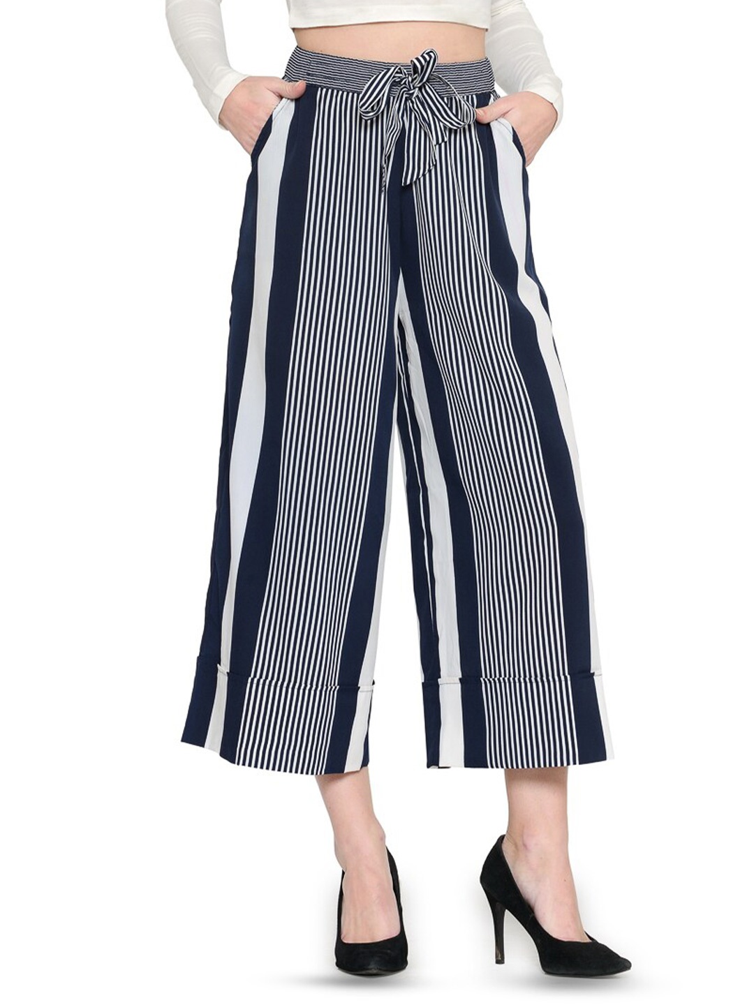 

Zastraa Women Striped Crepe Palazzos, Black