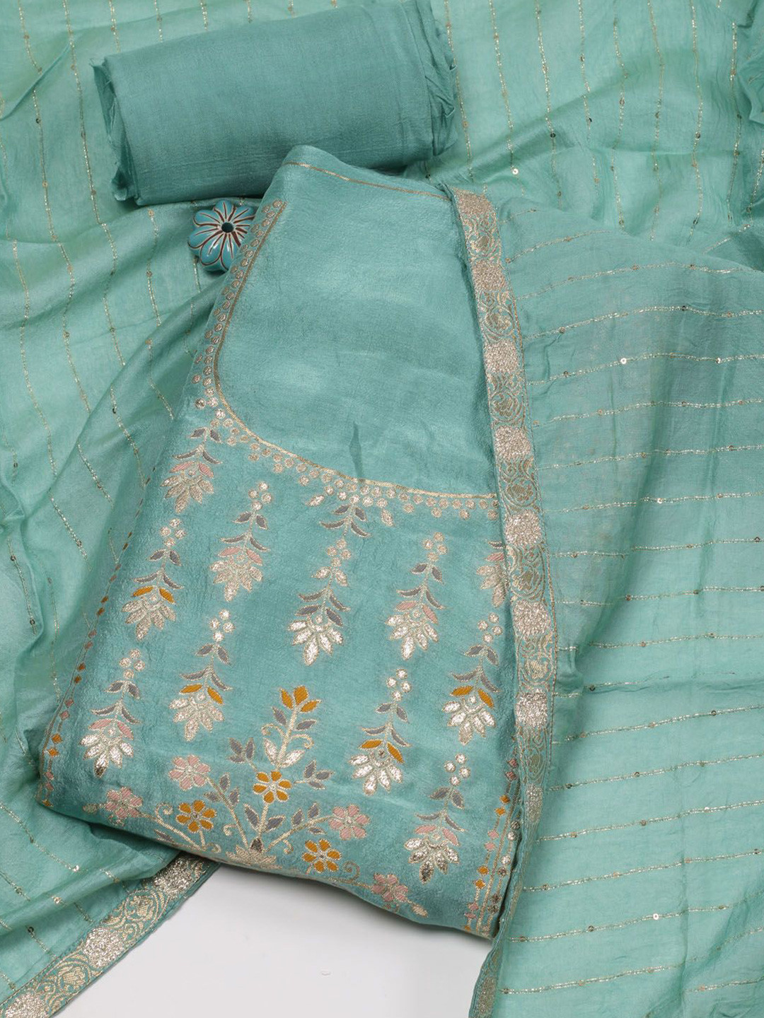 

Meena Bazaar Woven Design Unstitched Dress Material, Sea green