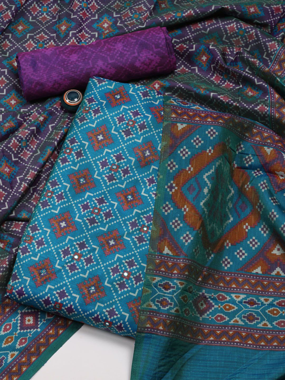 

Meena Bazaar Ethnic Motifs Printed Mirror Work Unstitched Dress Material, Blue