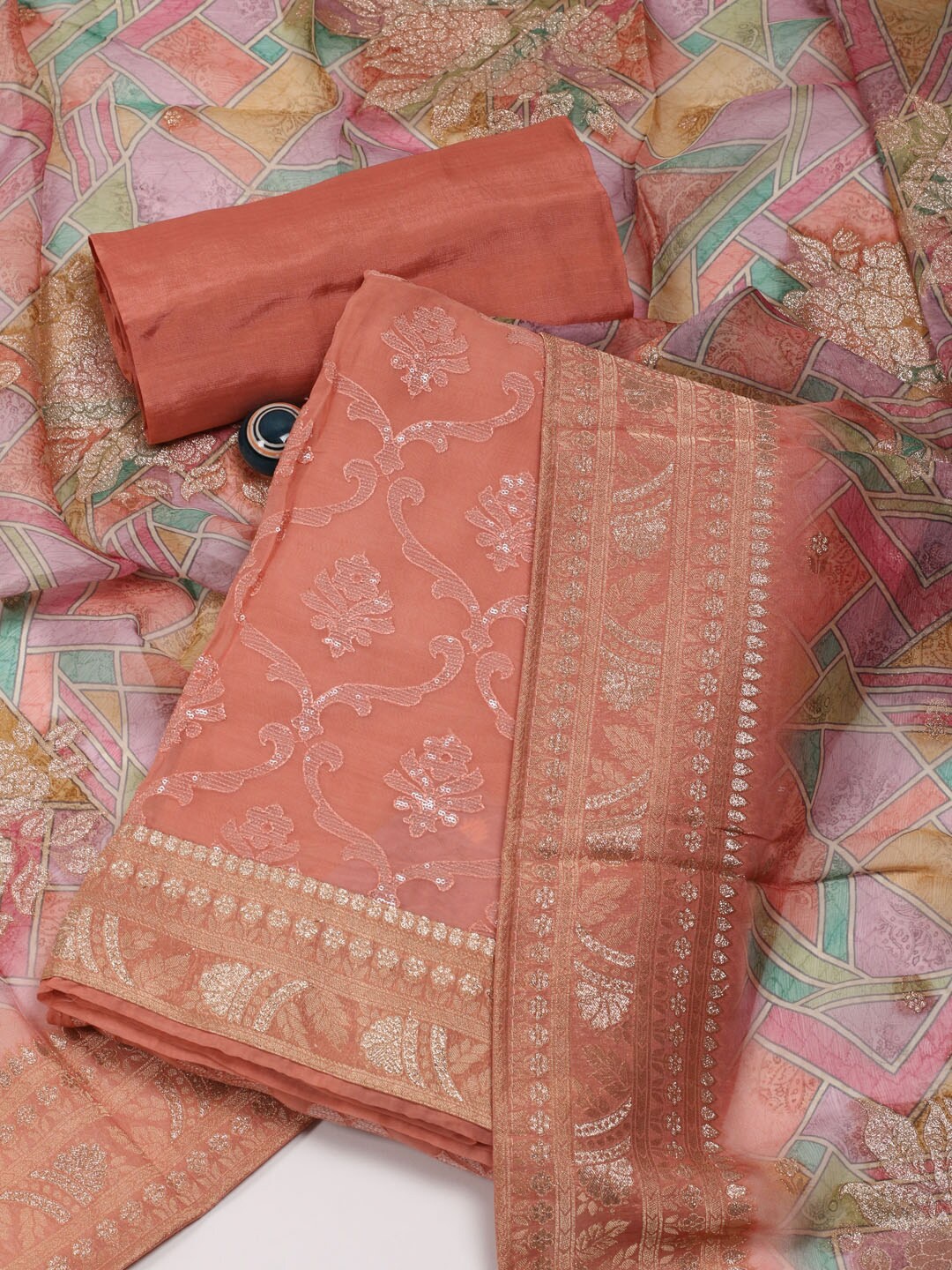 

Meena Bazaar Embroidered Organza Unstitched Dress Material, Peach