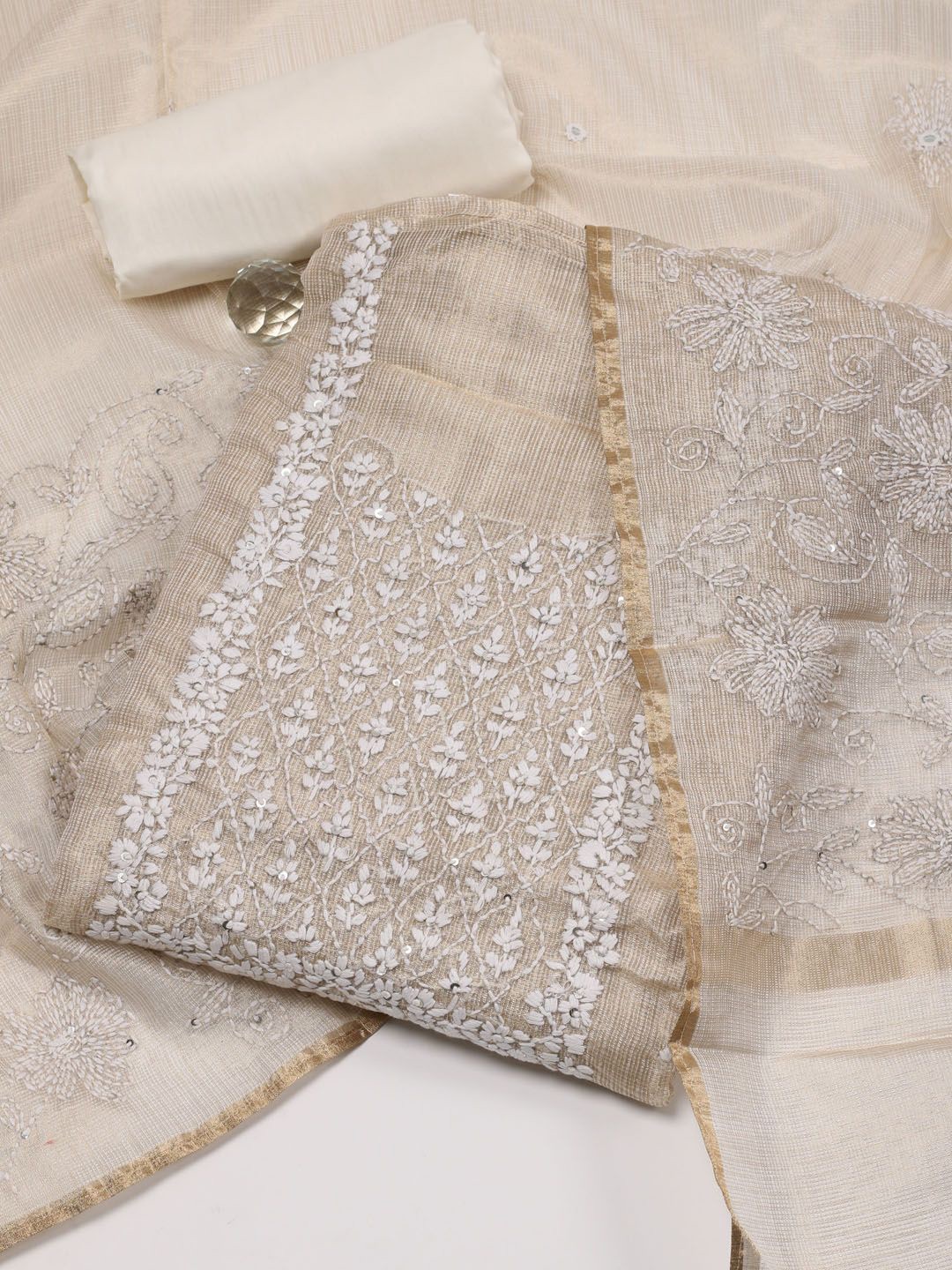

Meena Bazaar Floral Embroidered Sequinned Unstitched Dress Material, Beige