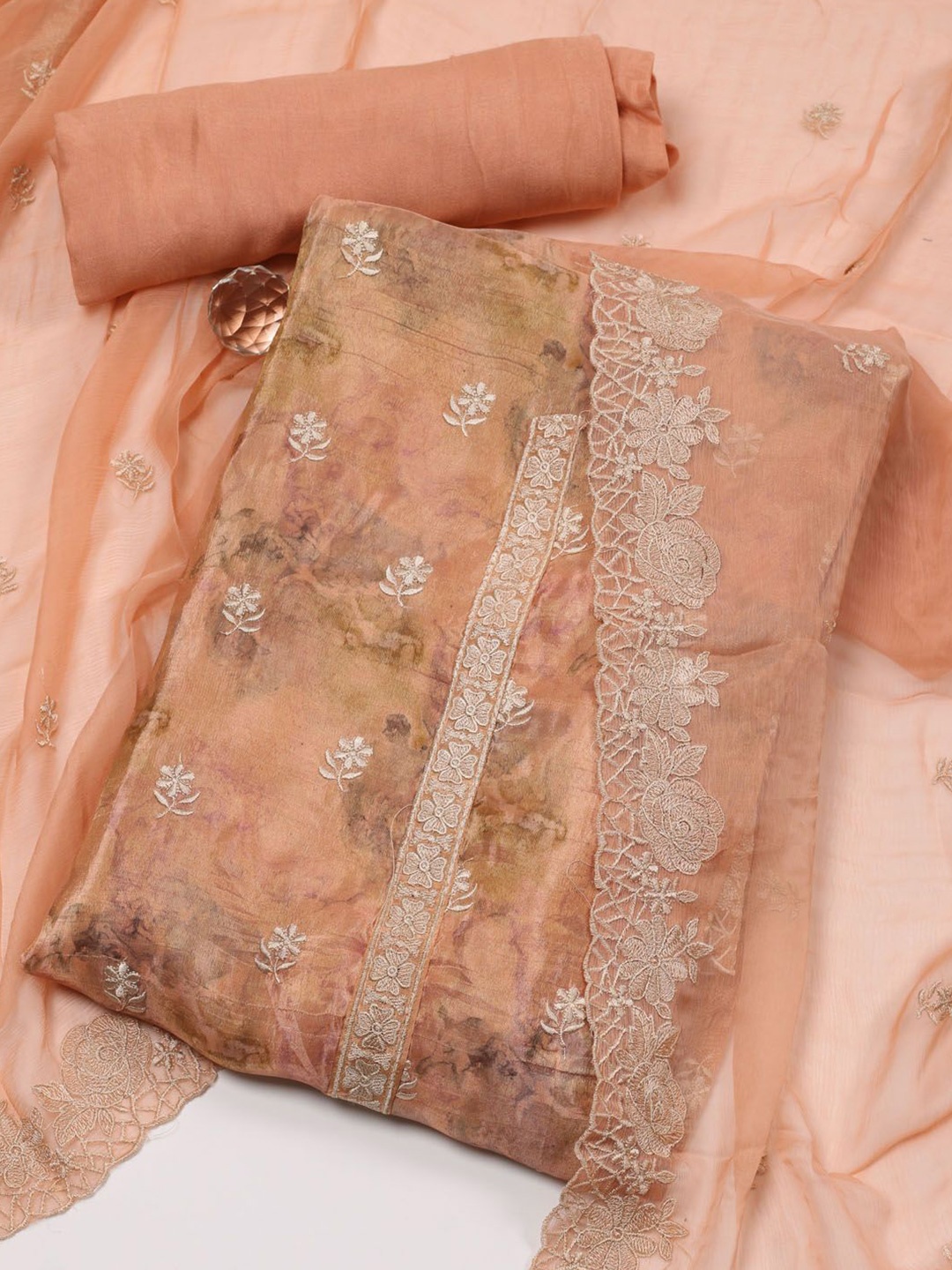 

Meena Bazaar Floral Printed Zari Unstitched Dress Material, Peach