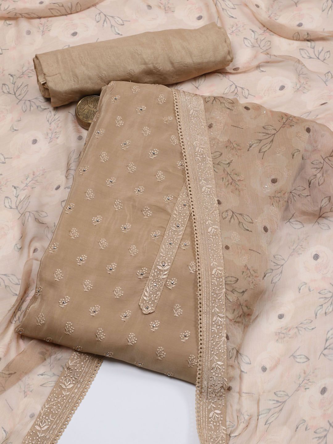 

Meena Bazaar Embroidered Unstitched Dress Material, Beige