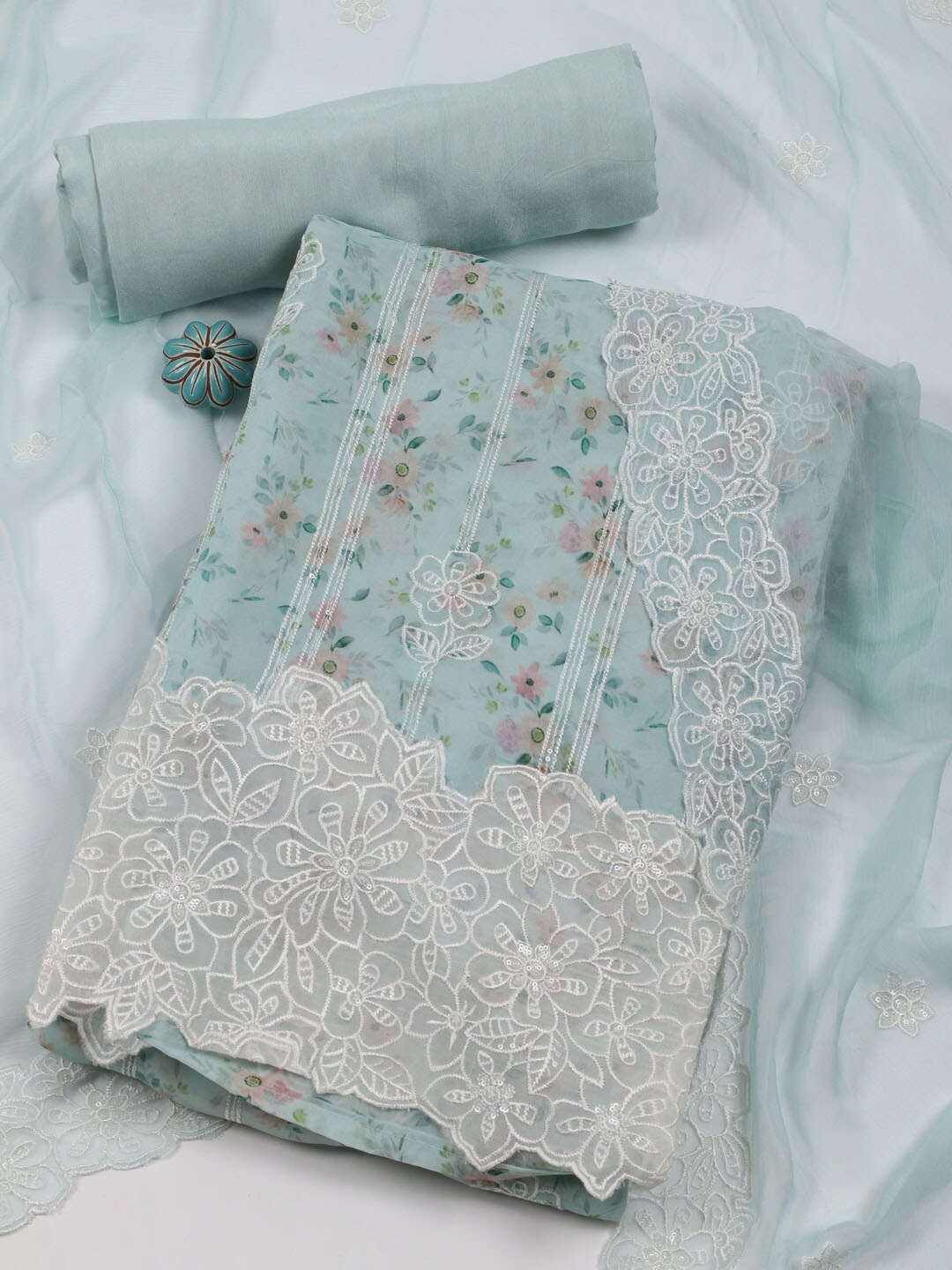 

Meena Bazaar Floral Embroidered Sequinned Unstitched Dress Material, Blue