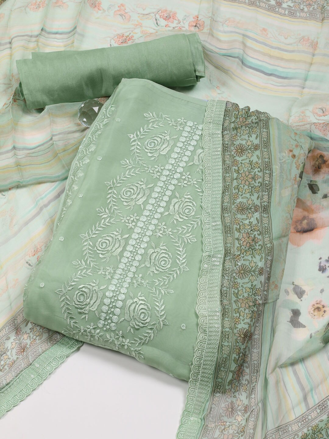 

Meena Bazaar Floral Embroidered Sequinned Unstitched Dress Material, Green