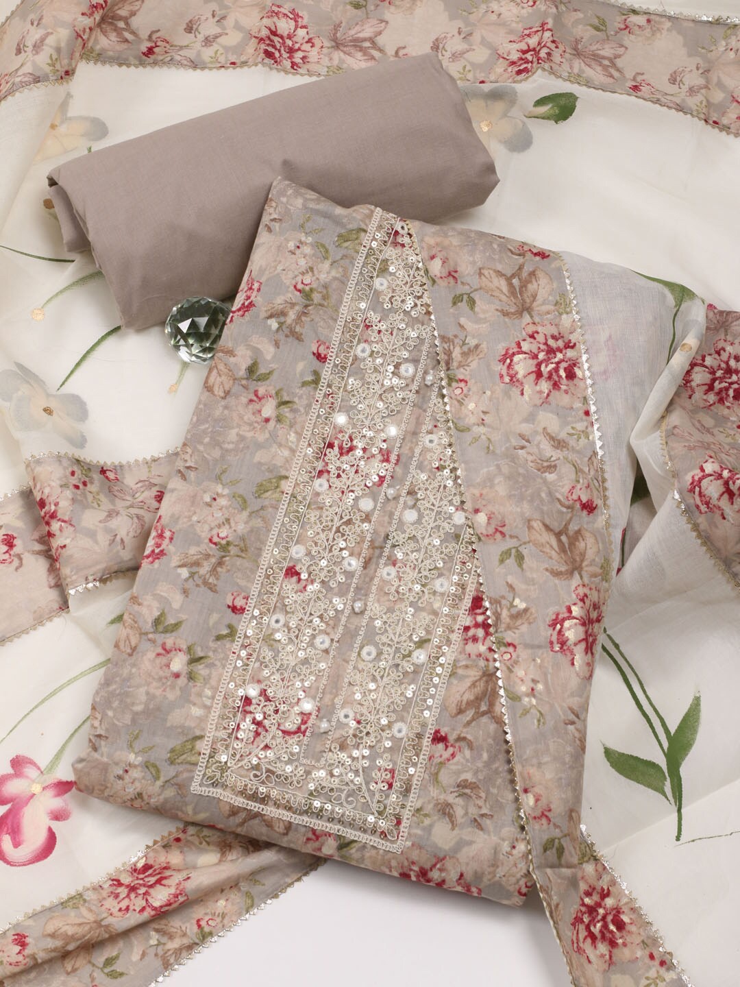 

Meena Bazaar Printed Unstitched Dress Material, Beige