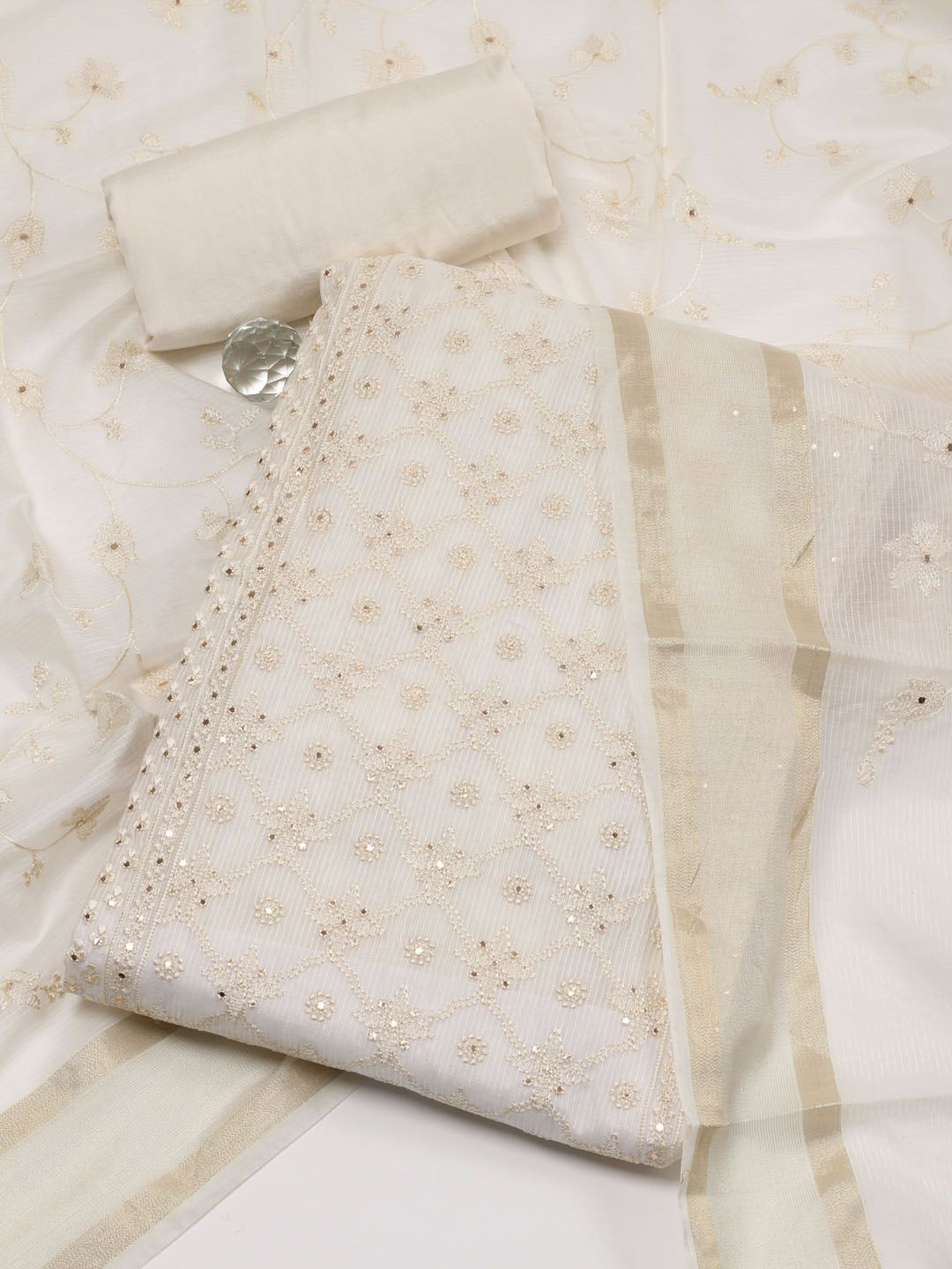 

Meena Bazaar Embroidered Art Silk Unstitched Dress Material, Cream