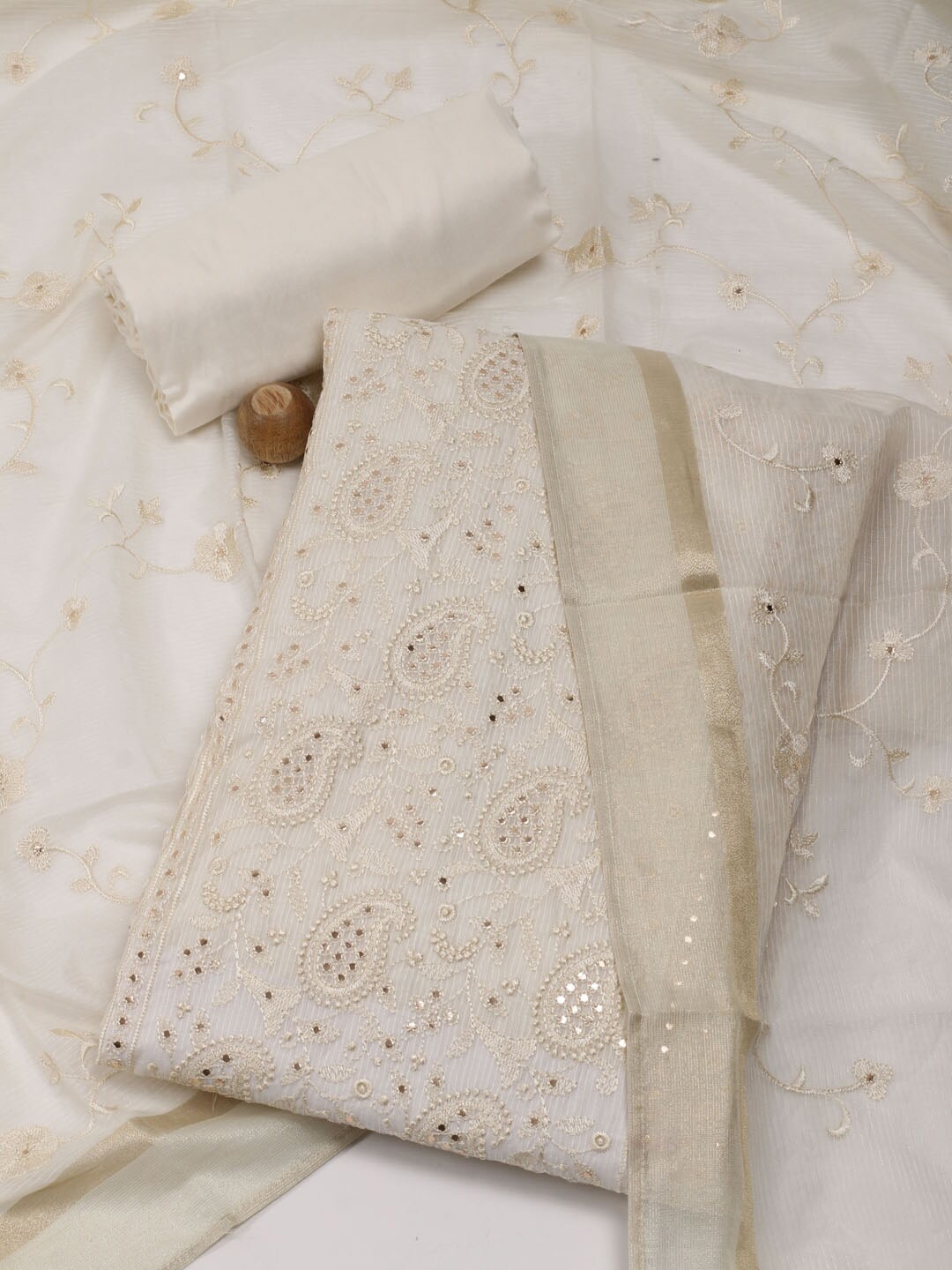 

Meena Bazaar Paisley Embroidered Beads & Stones Unstitched Dress Material, Cream