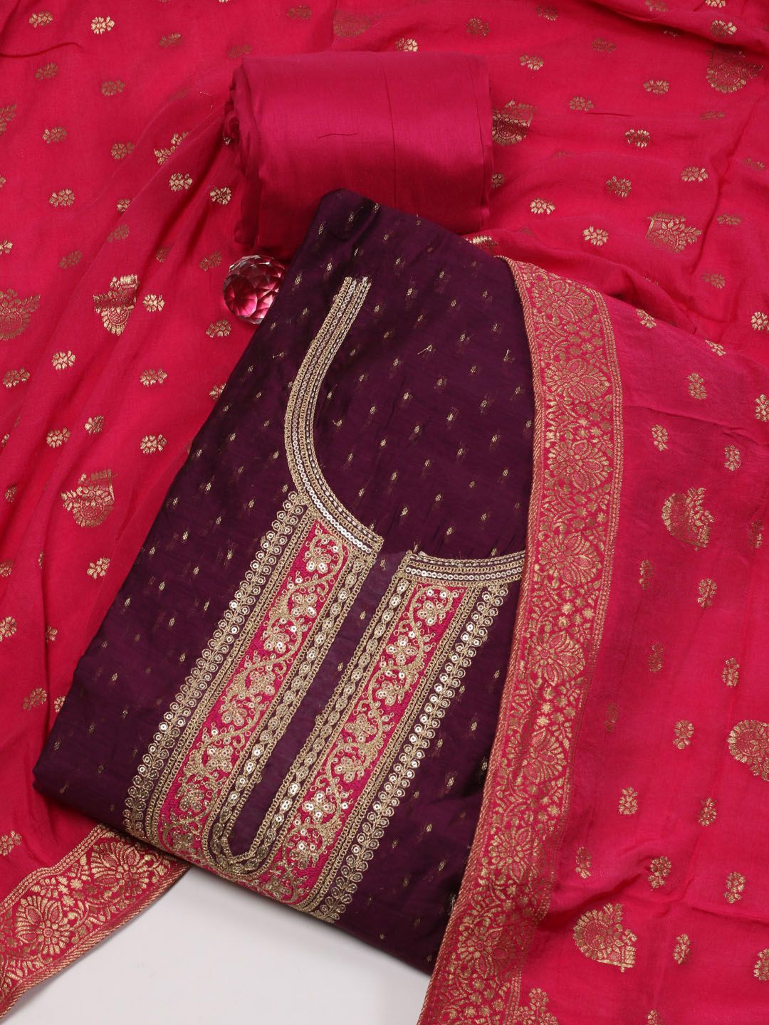 

Meena Bazaar Striped Woven Design Sequinned Unstitched Dress Material, Purple