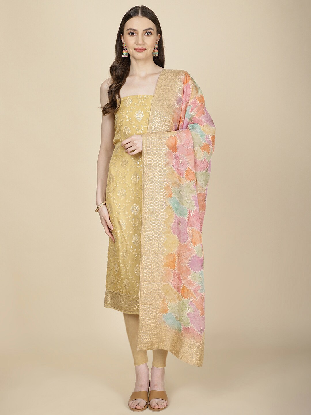 

Meena Bazaar Ethnic Motifs Embroidered Sequinned Organza Unstitched Dress Material, Mustard