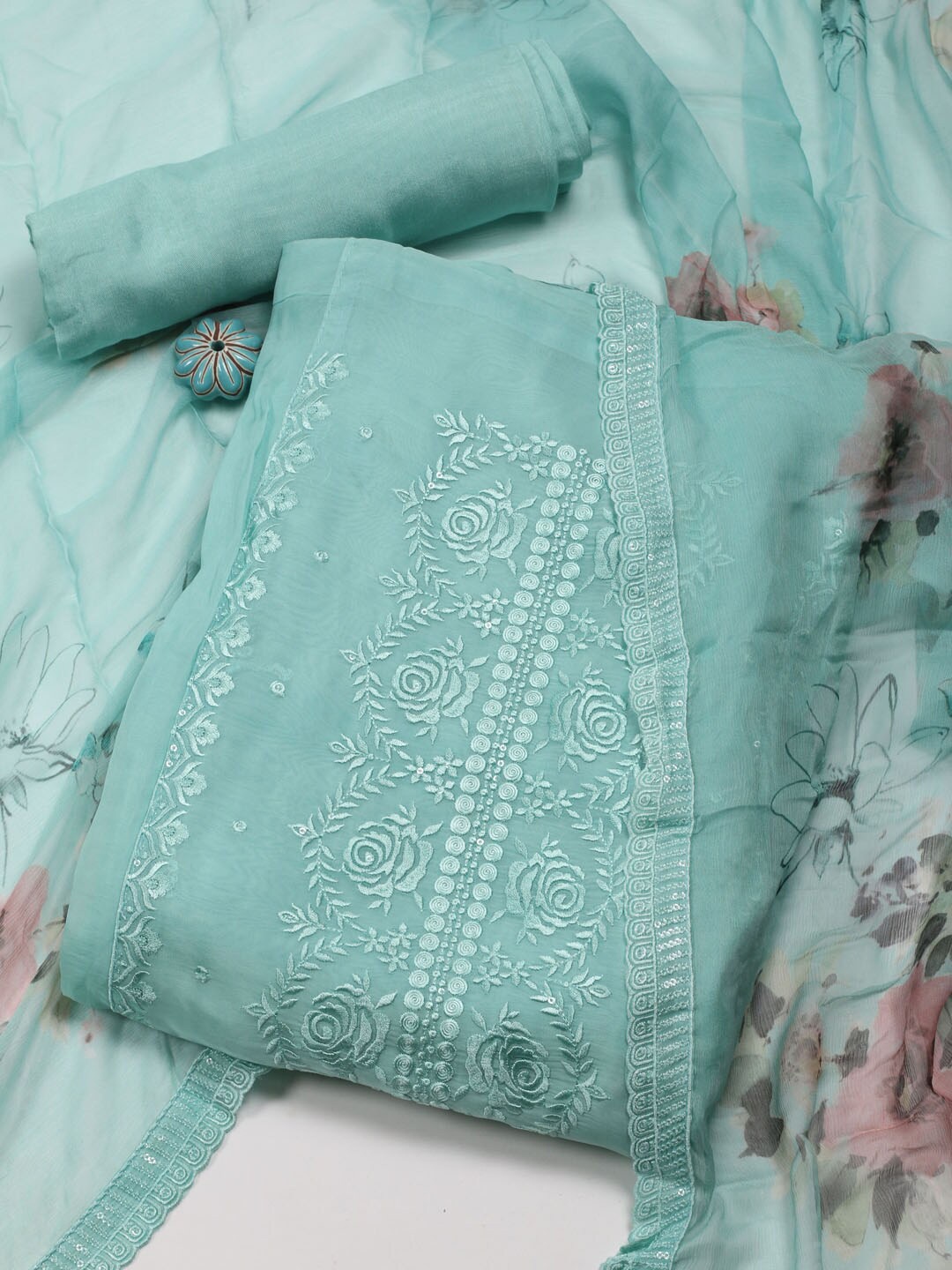 

Meena Bazaar Floral Embroidered Sequinned Organza Unstitched Dress Material, Sea green