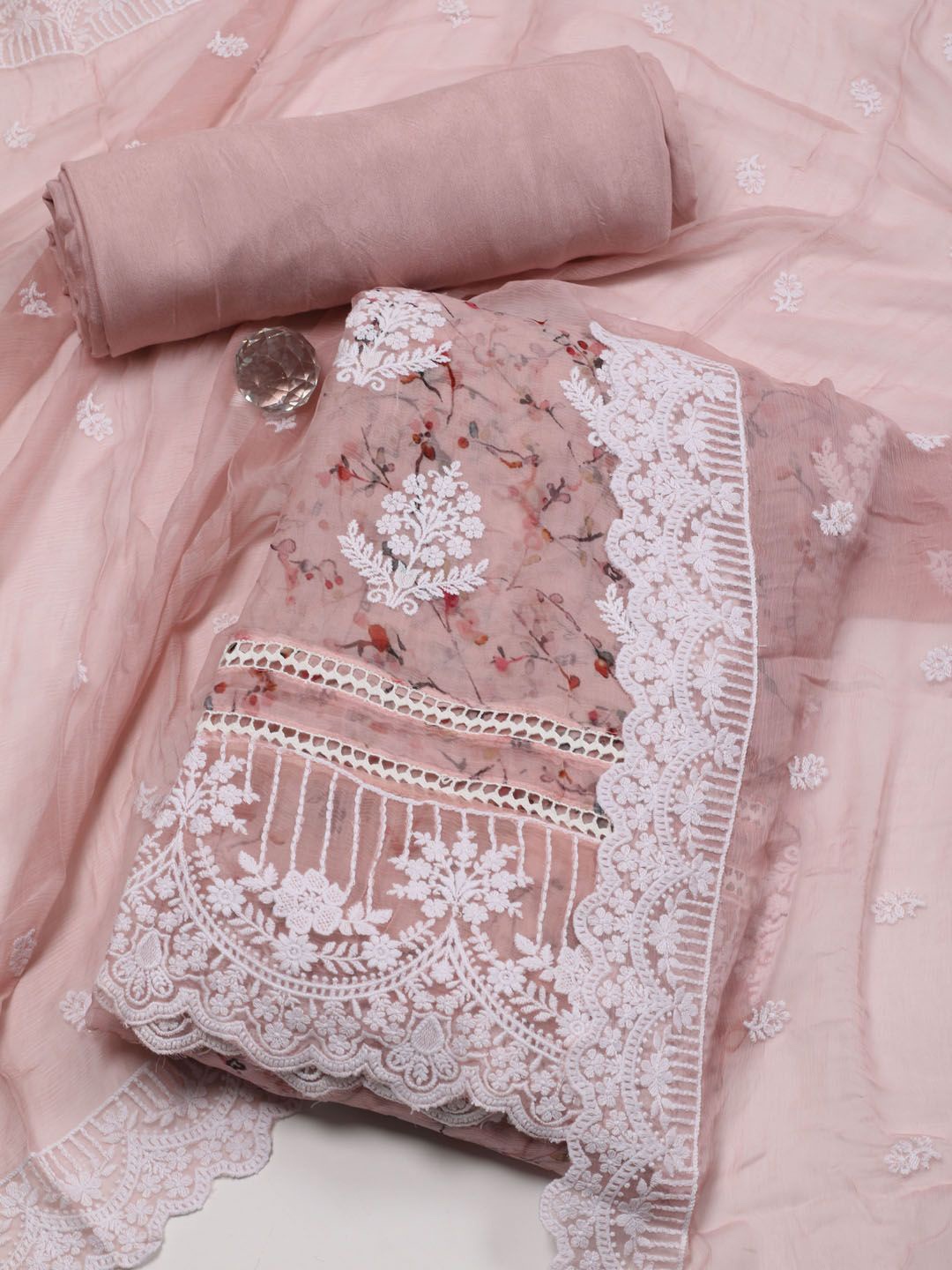 

Meena Bazaar Floral Embroidered Unstitched Dress Material, Pink
