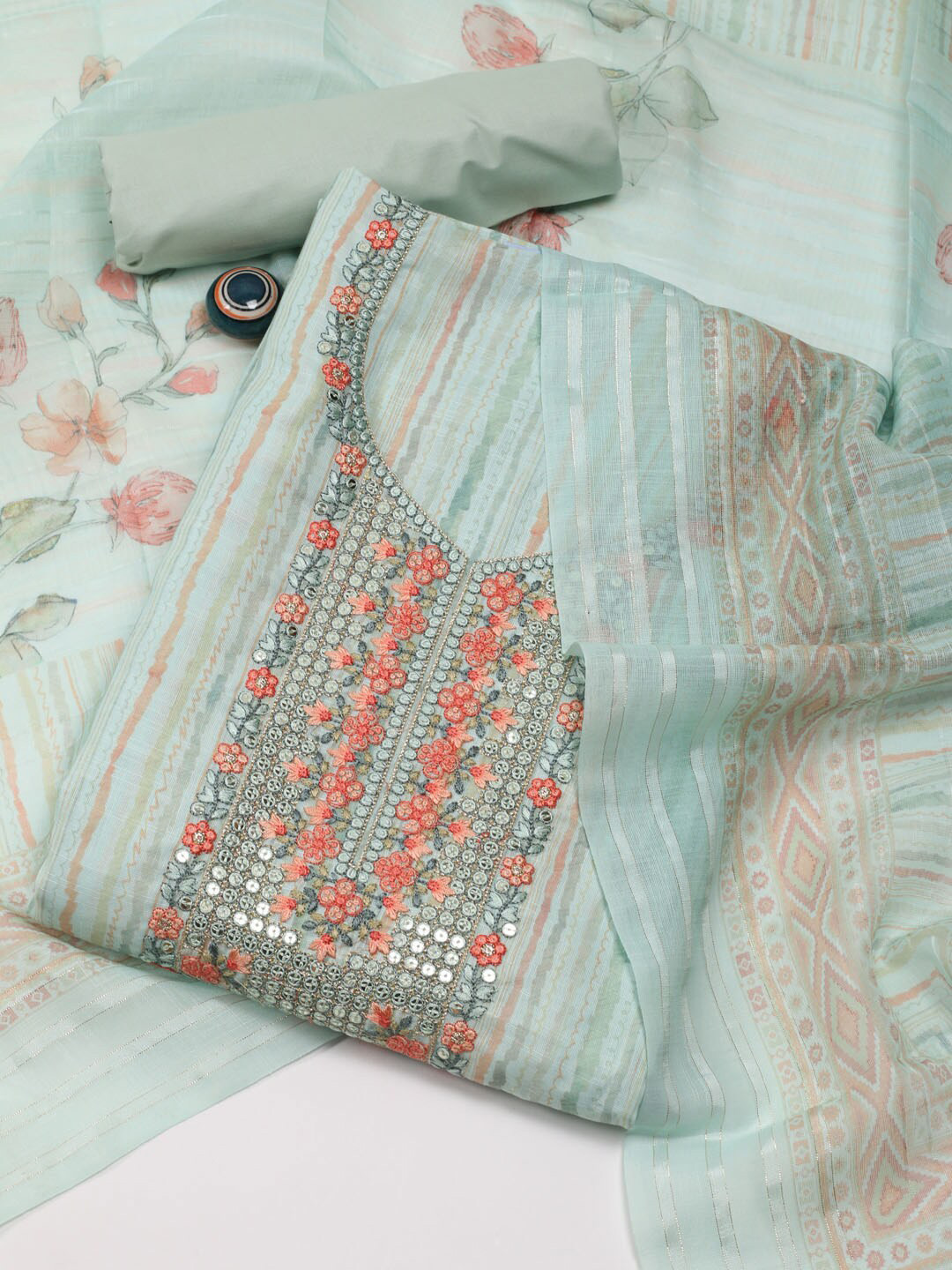 

Meena Bazaar Abstract Printed Sequinned Linen Unstitched Dress Material, Green