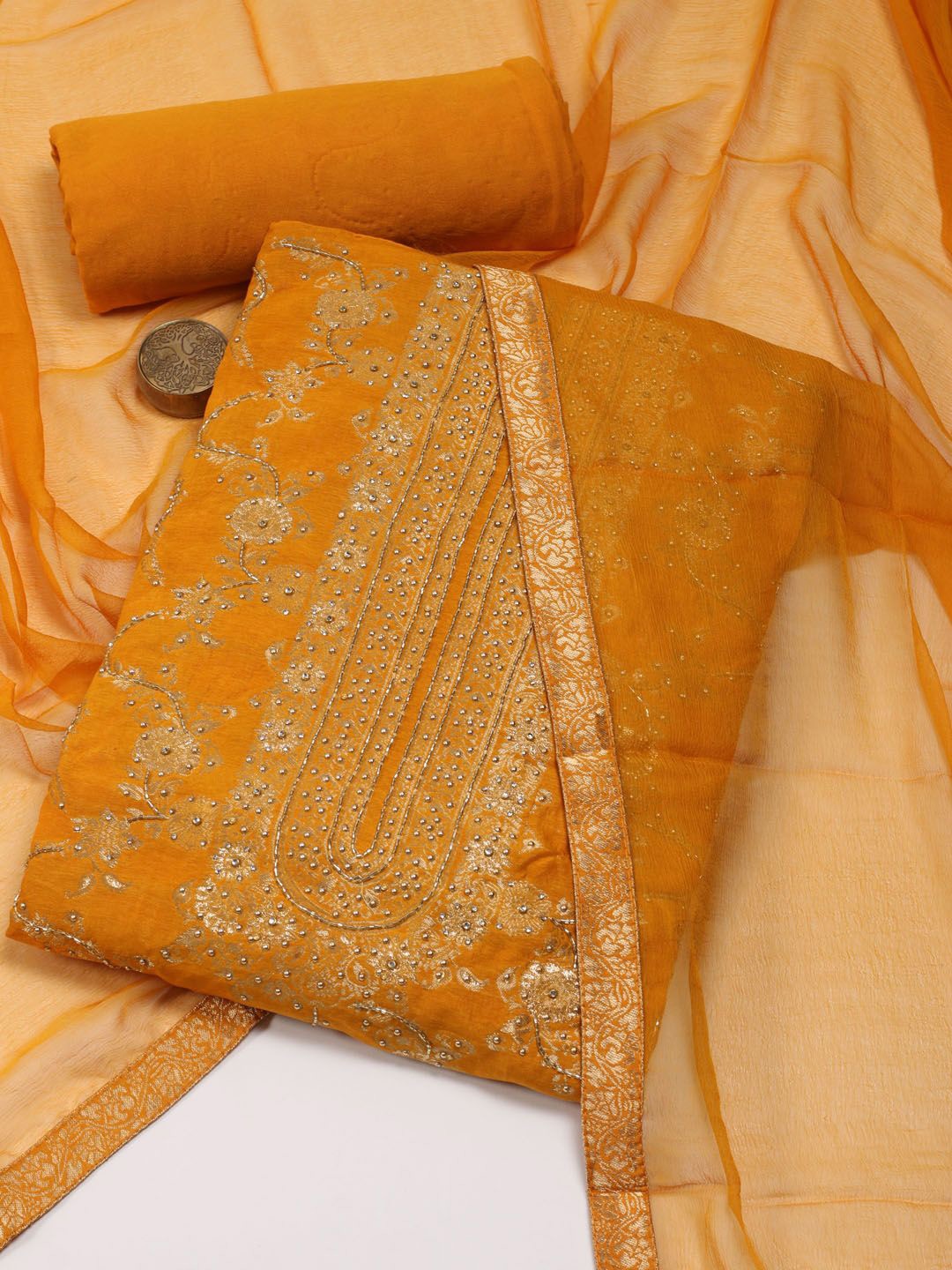 

Meena Bazaar Ethnic Motifs Embroidered Beads & Stones Unstitched Dress Material, Orange