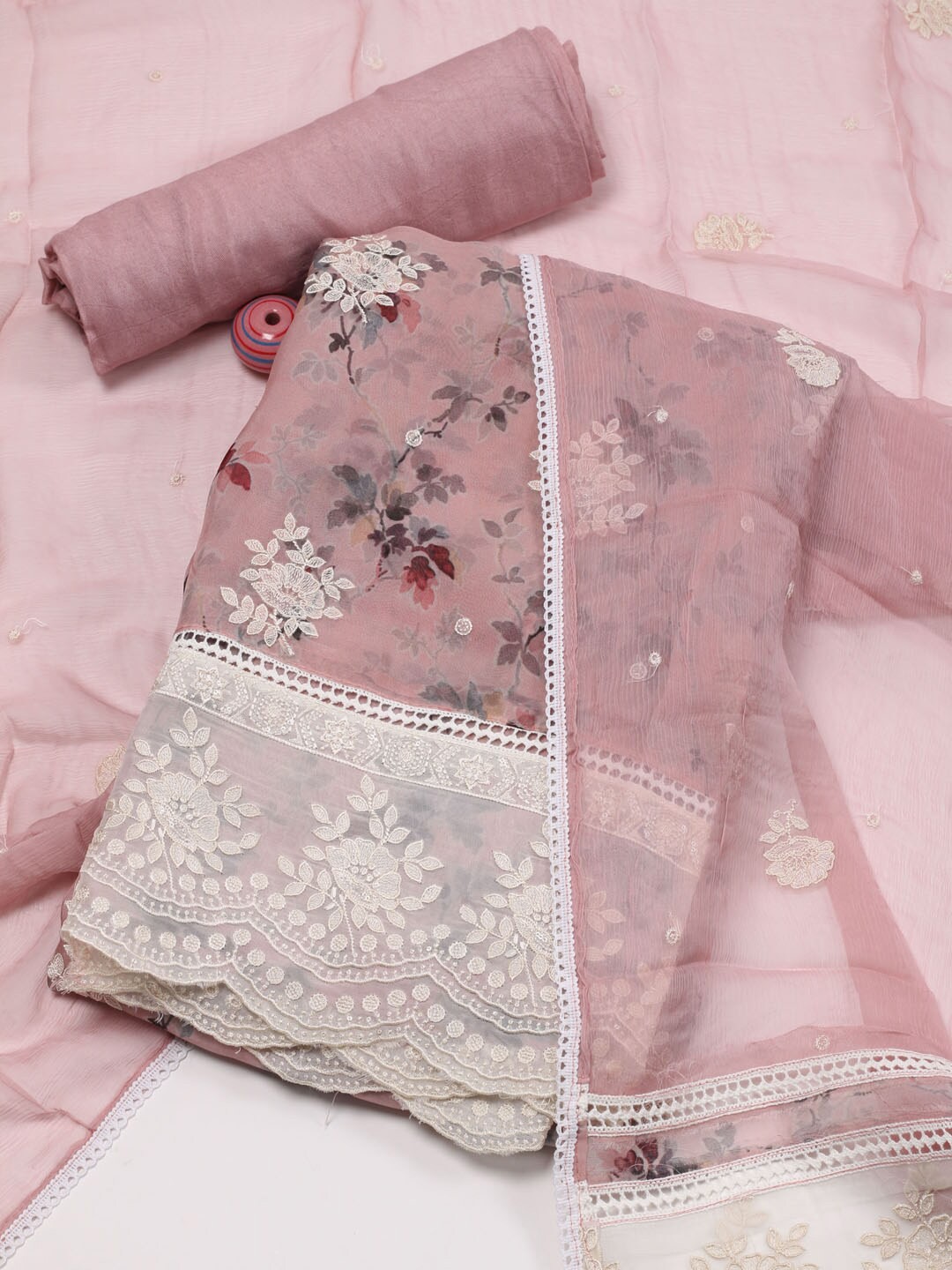 

Meena Bazaar Printed Organza Unstitched Dress Material, Lavender