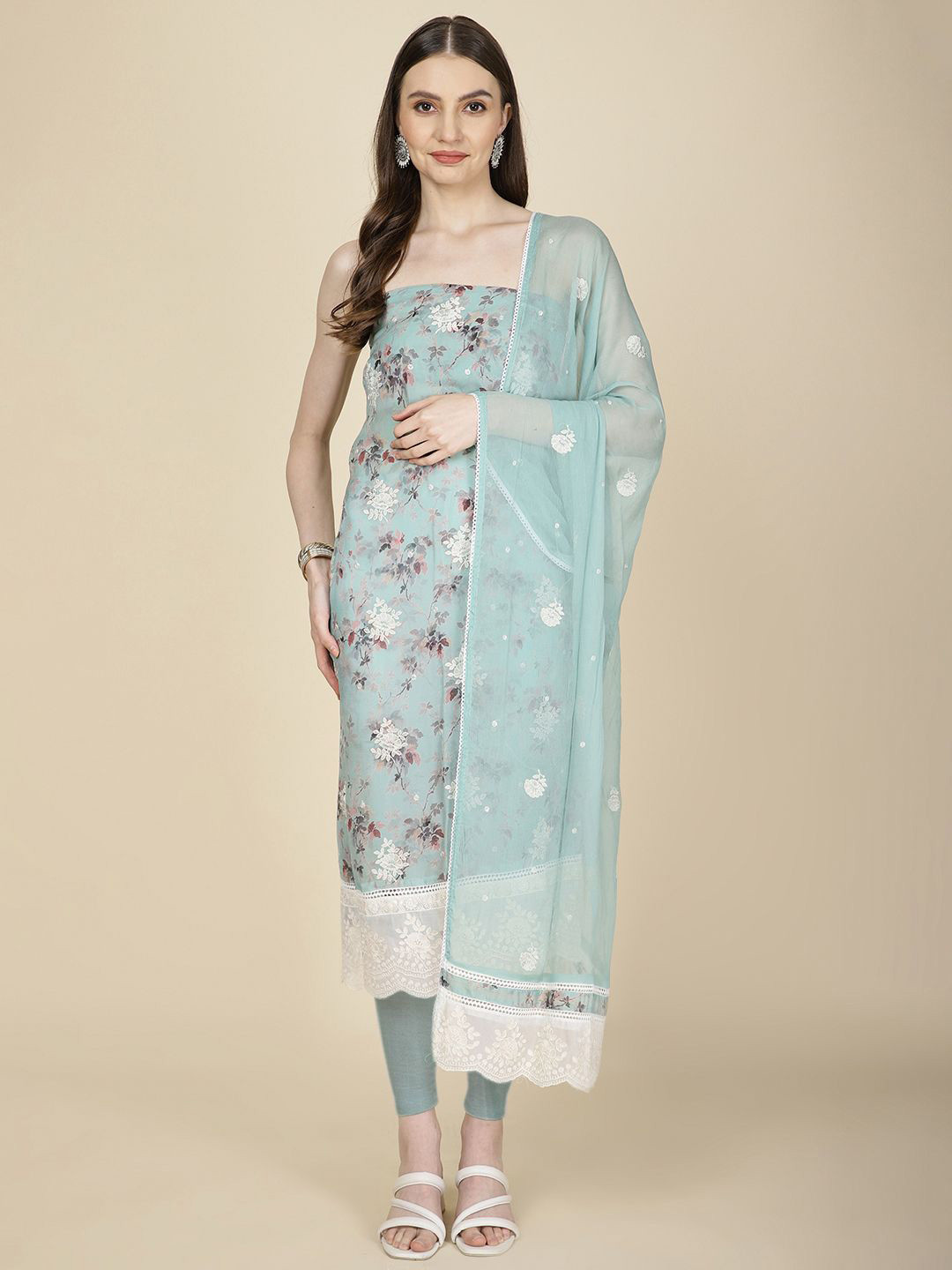 

Meena Bazaar Printed Organza Unstitched Dress Material, Blue