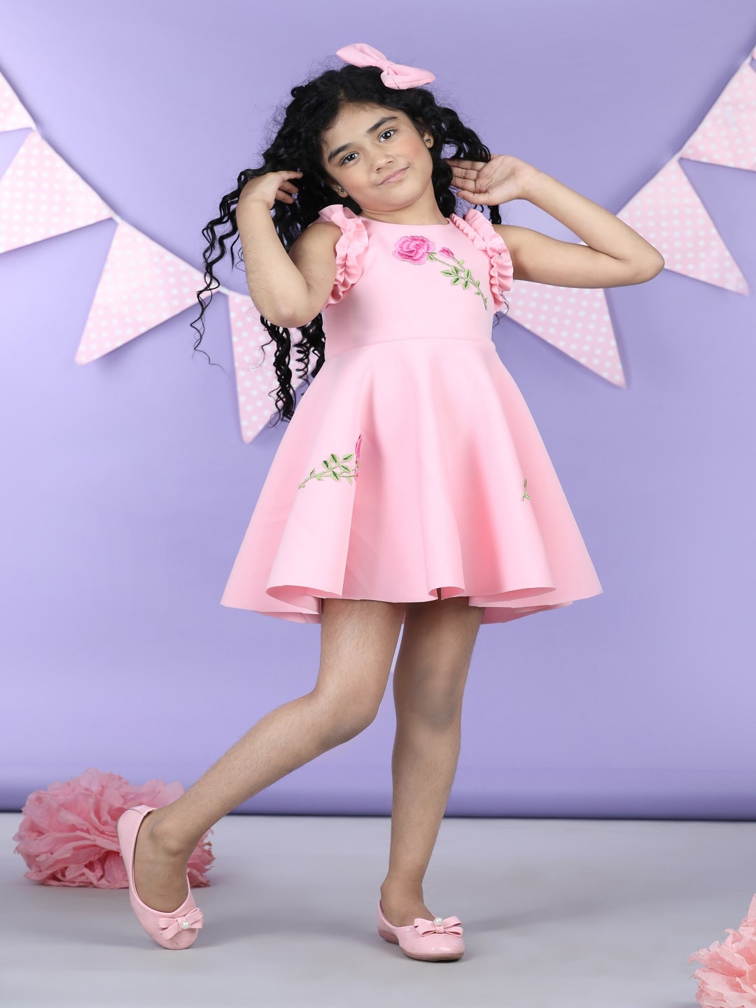 

THE LITTLE CELEBS Girls Floral Embroidered Ruffles Fit & Flare Dress With Bow, Pink