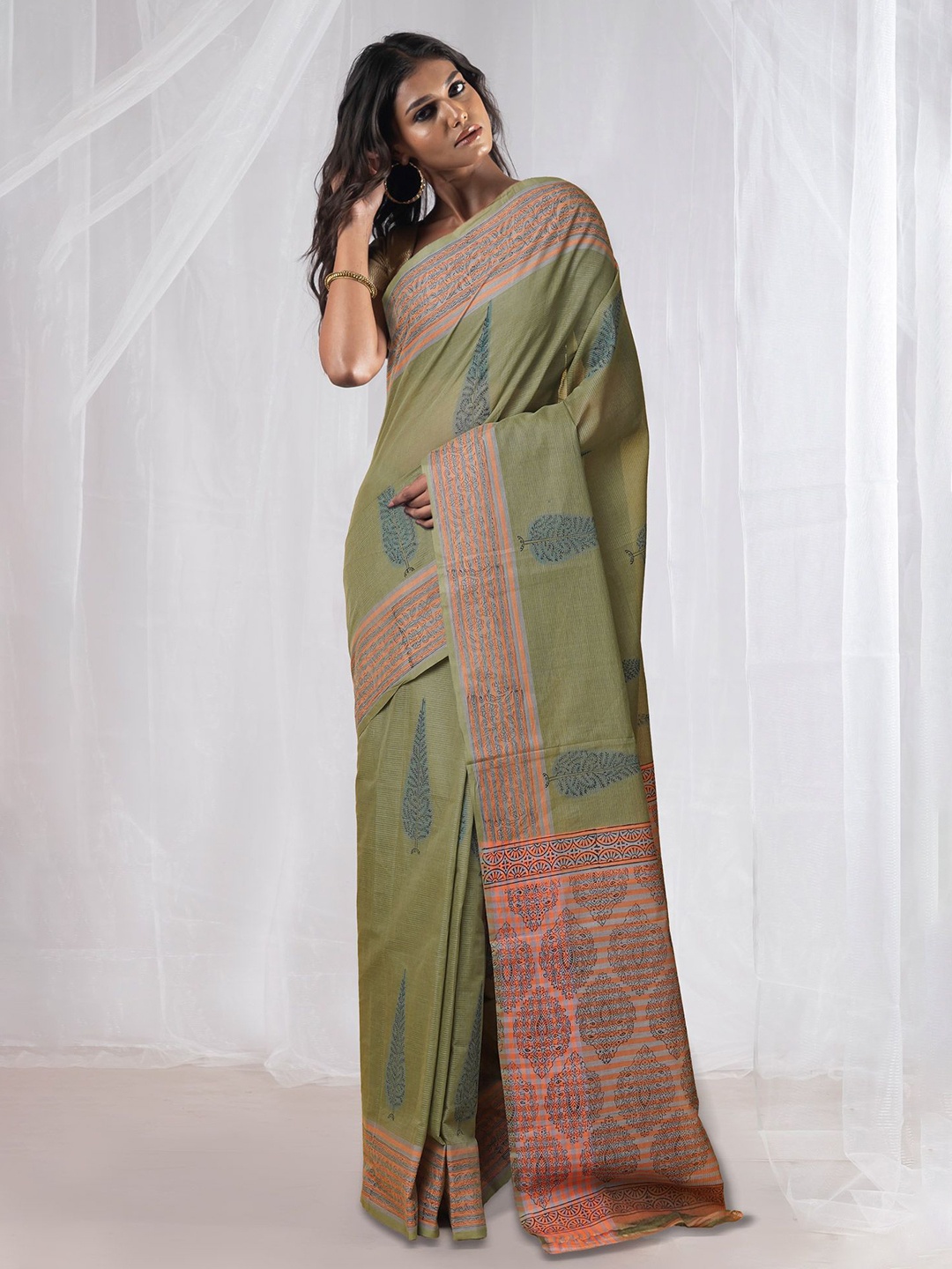 

Unnati Silks Ethnic Motifs Pure Cotton Handloom Mangalagiri Saree, Green