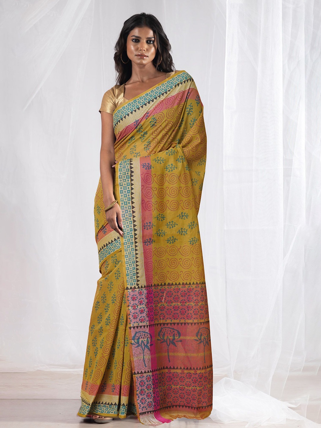 

Unnati Silks Ethnic Motifs Pure Cotton Handloom Mangalagiri Saree, Green