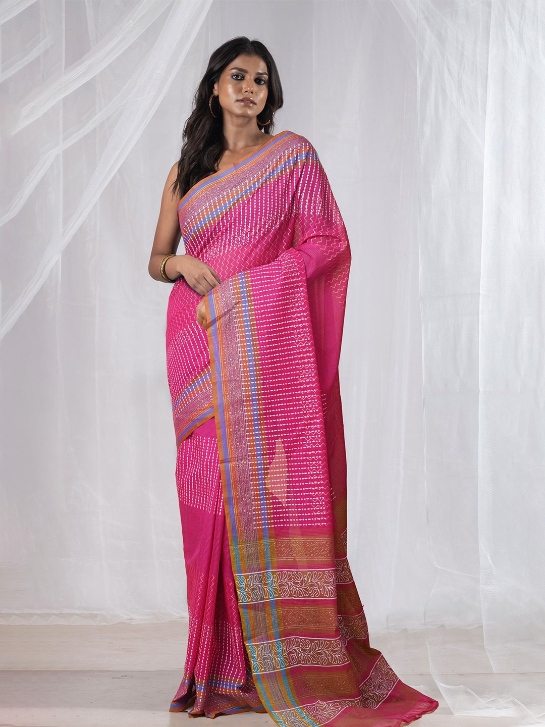 

Unnati Silks Ethnic Motifs Pure Cotton Handloom Mangalagiri Saree, Pink