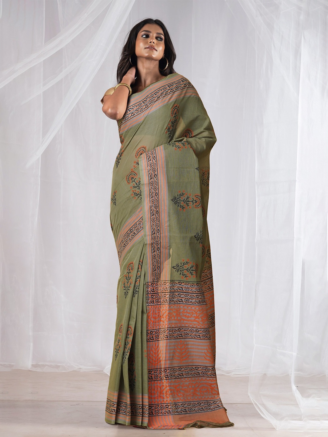 

Unnati Silks Ethnic Motifs Pure Cotton Handloom Mangalagiri Saree, Green