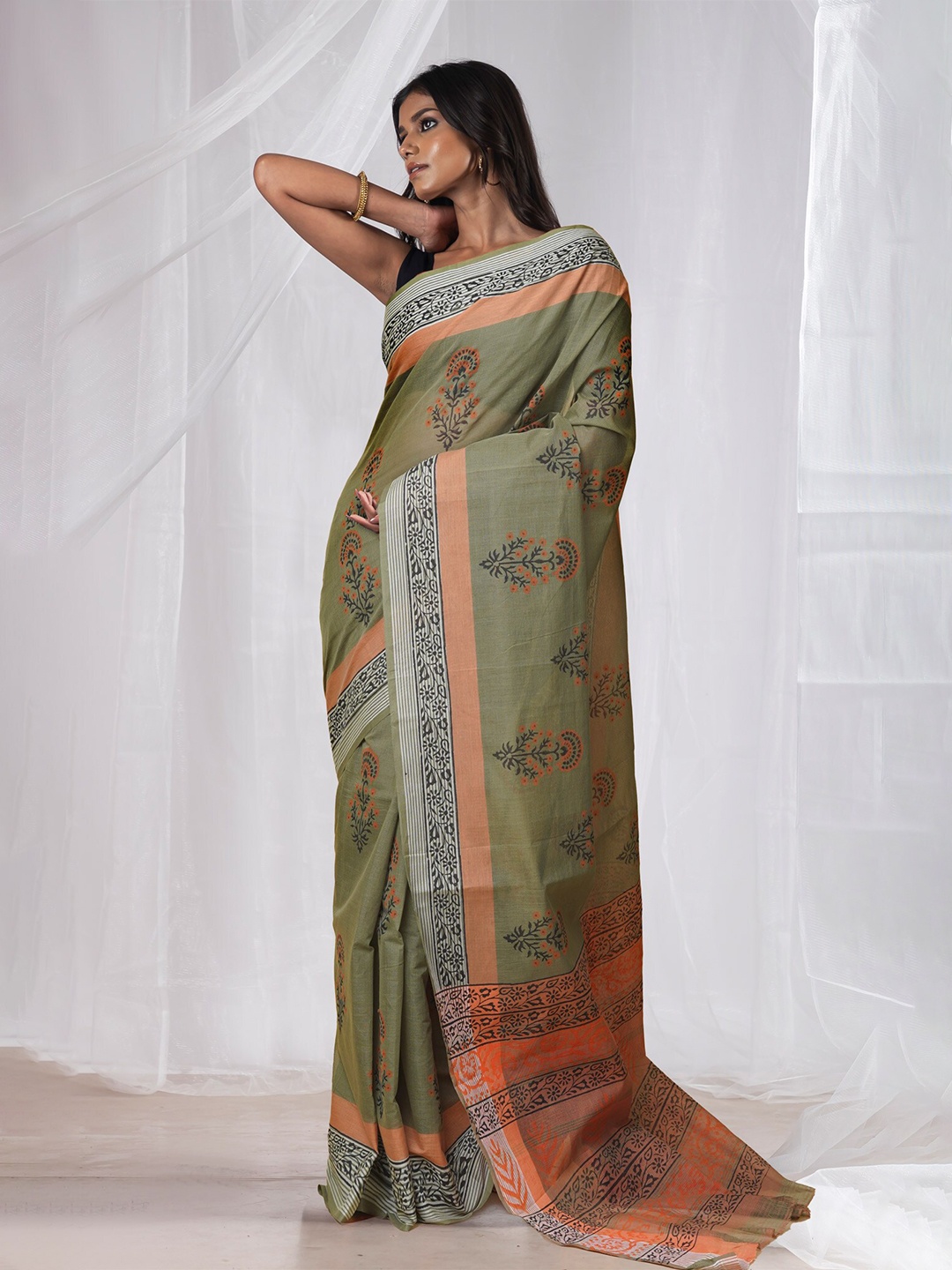 

Unnati Silks Ethnic Motifs Pure Cotton Handloom Mangalagiri Saree, Green