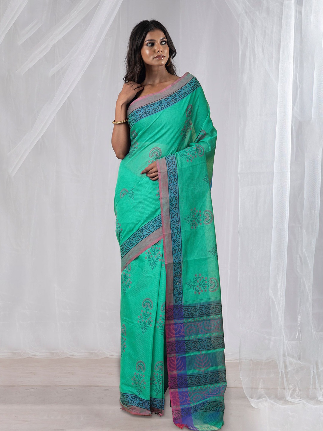 

Unnati Silks Ethnic Motifs Pure Cotton Handloom Mangalagiri Saree, Green